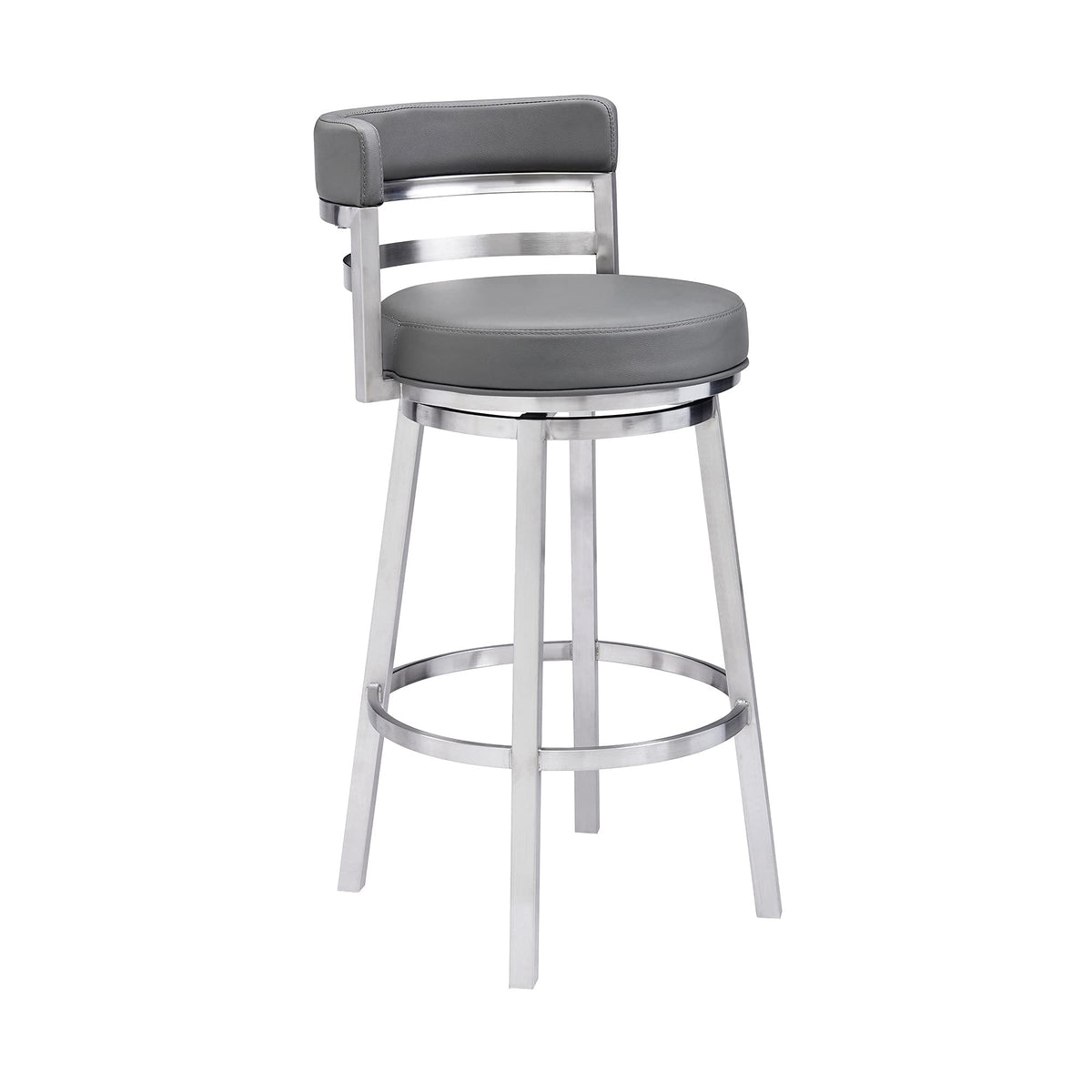 Yardlio Madrid Contemporary 30' Bar Height Barstool - Brushed Stainless Steel Finish, Grey Faux Leather - 360 Swivel, Round Footrest