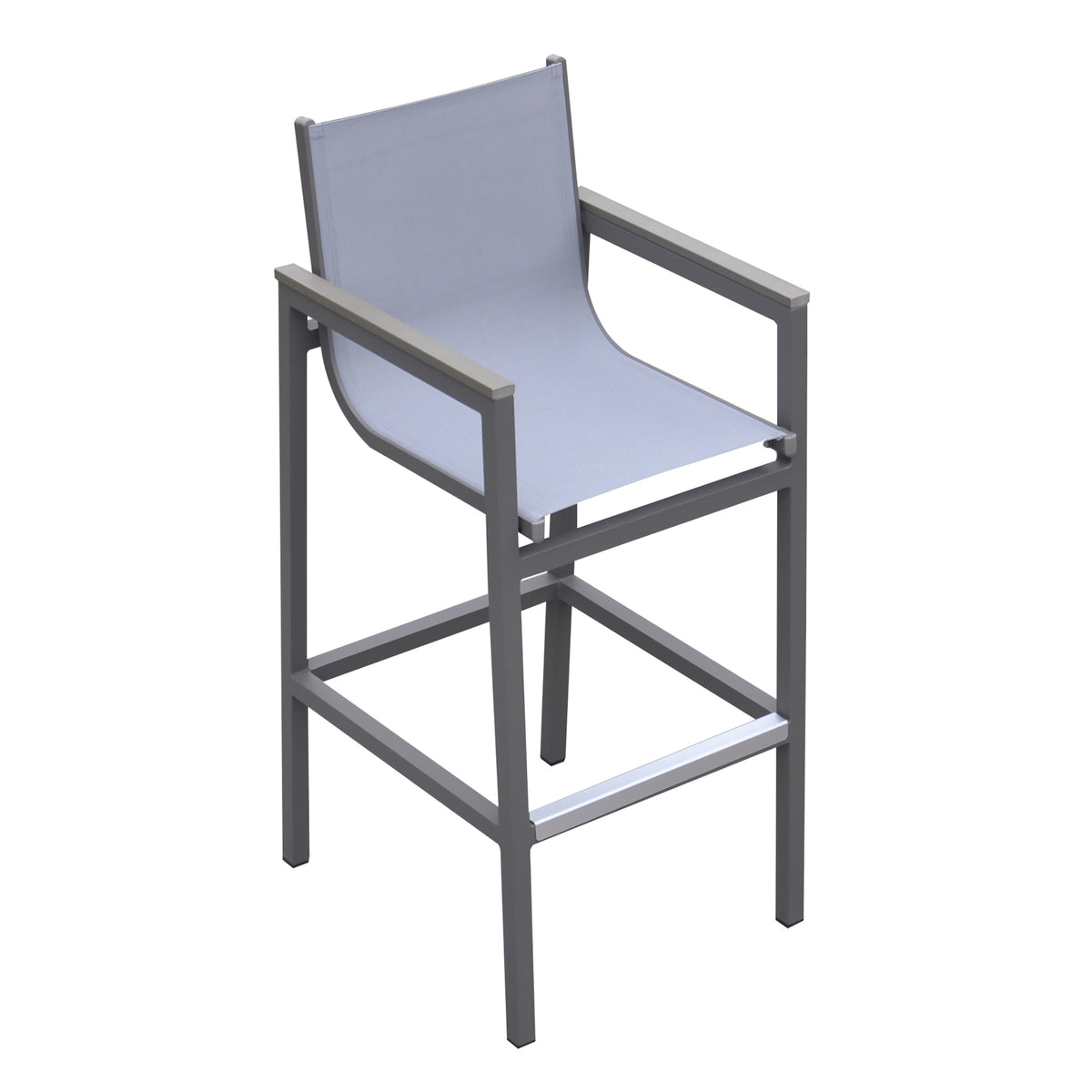 Armen Living Marina Outdoor Patio Barstool In Grey Powder Coated Finish With Grey Sling Textilene And Grey Wood Accent Arms