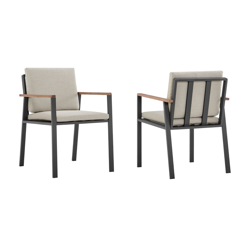 Armen Living Nofi Outdoor Patio Dining Chair In Charcoal Finish With Taupe Cushions And Teak Wood Accent Arms  - Set Of 2