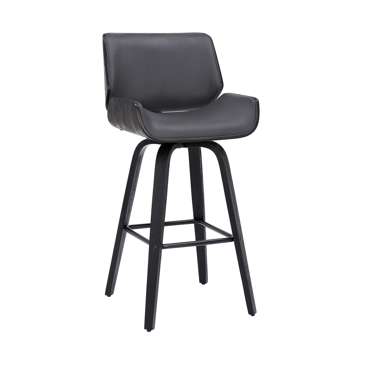 Casafoyer Tyler 30' Swivel Bar Stool In Black Wood And Grey Faux Leather Upholstery-Mid-Century Modern Style, 360-Degree Swivel, Height Options, Stable And Sturdy, Easy Assembly-