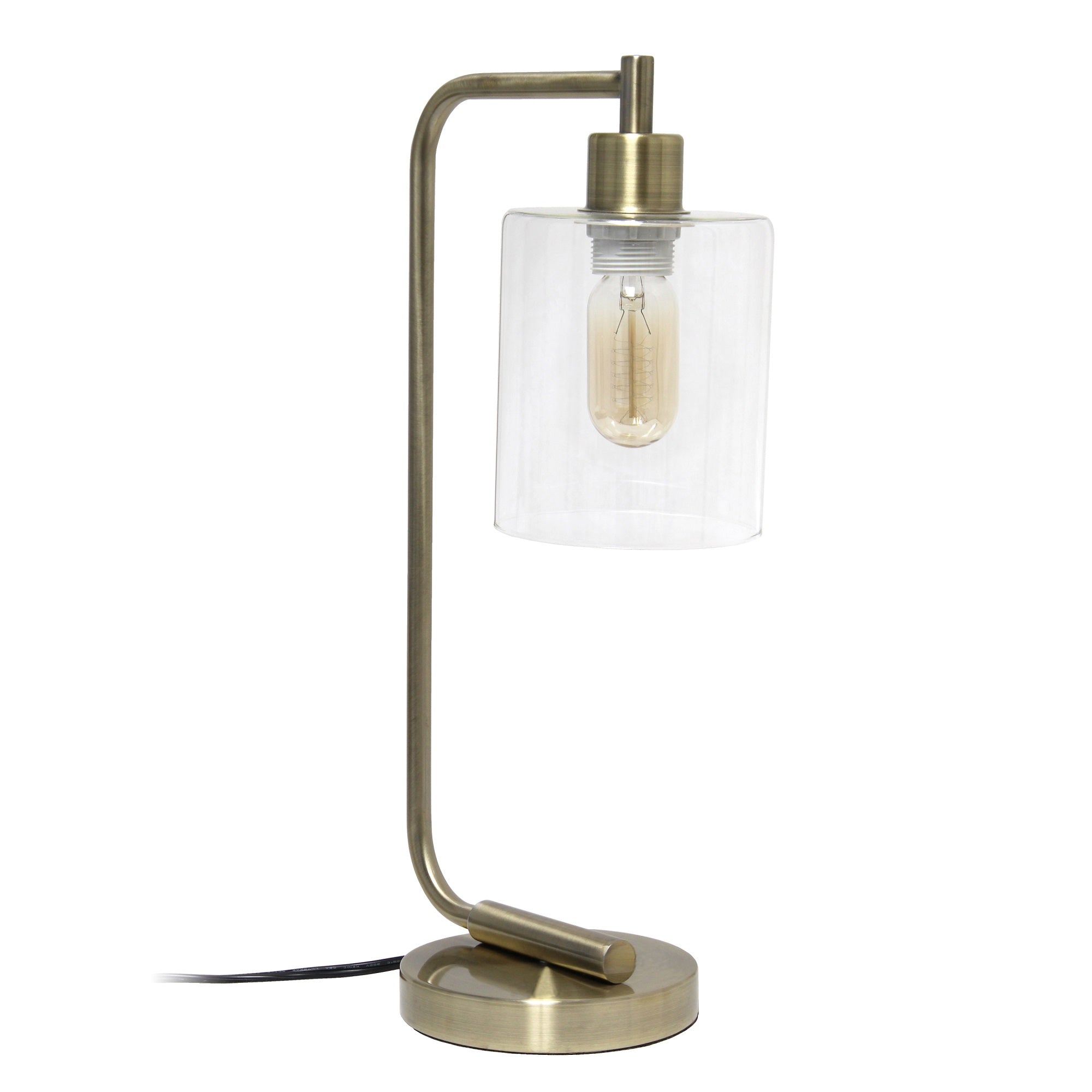 Simple Designs 18.8' Industrial Vintage Bronson Antique Style Industrial Iron Lantern Desk Table Lamp With Glass Cylinder Shade For Home Dcor, Office, Living Room, Bedroom, Antique Brass