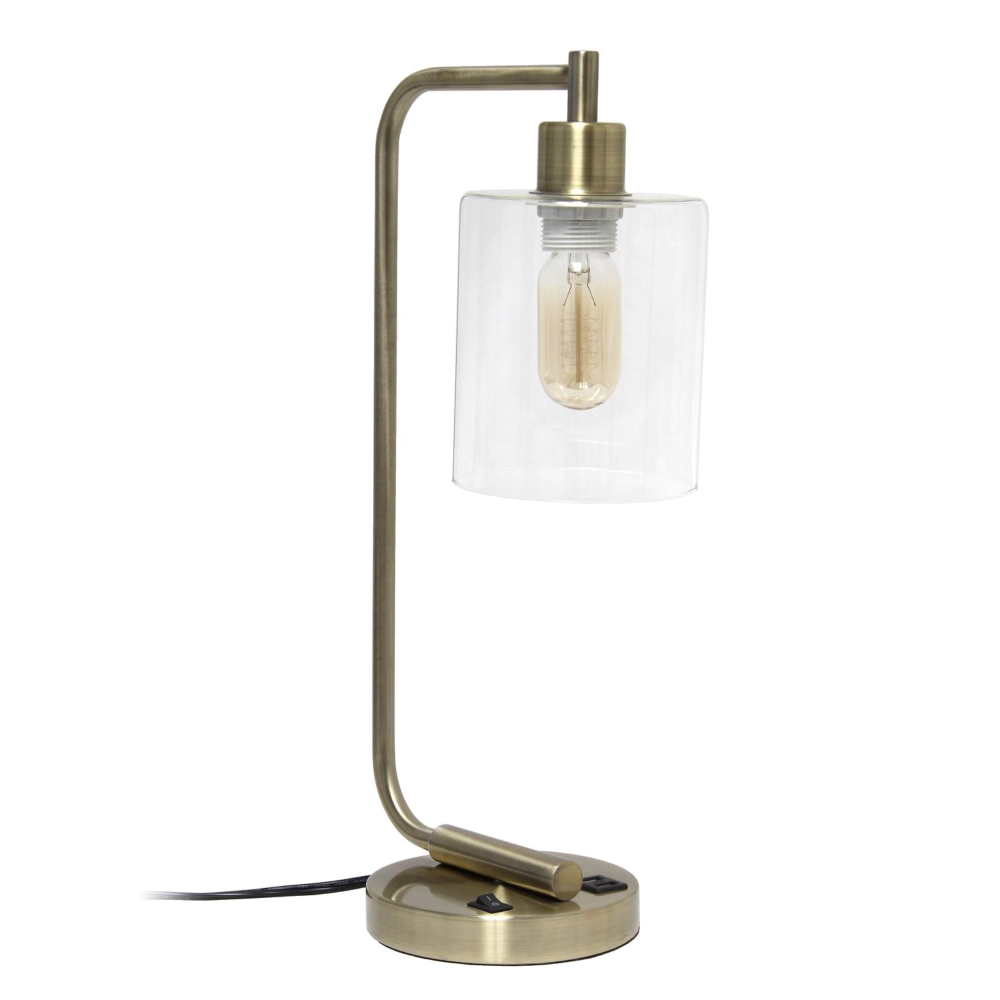 Simple Designs Bronson Antique Style Industrial Iron Lantern Desk Lamp With Usb Port And Glass Shade, Antique Brass