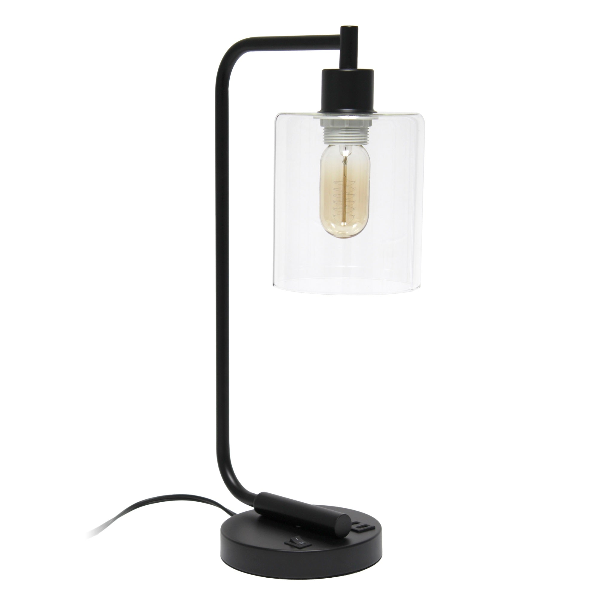 Simple Designs Bronson Antique Style Industrial Iron Lantern Desk Lamp With Usb Port And Glass Shade, Black