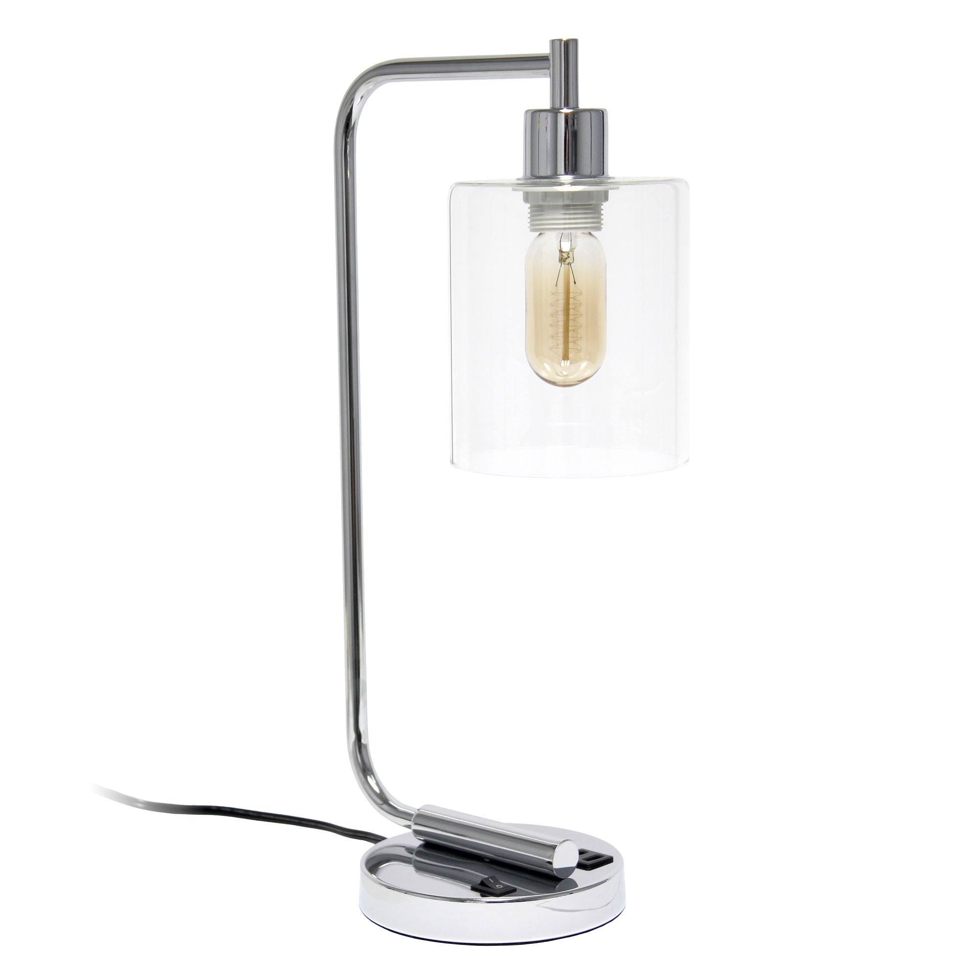 Simple Designs Bronson Antique Style Industrial Iron Lantern Desk Lamp With Usb Port And Glass Shade, Chrome