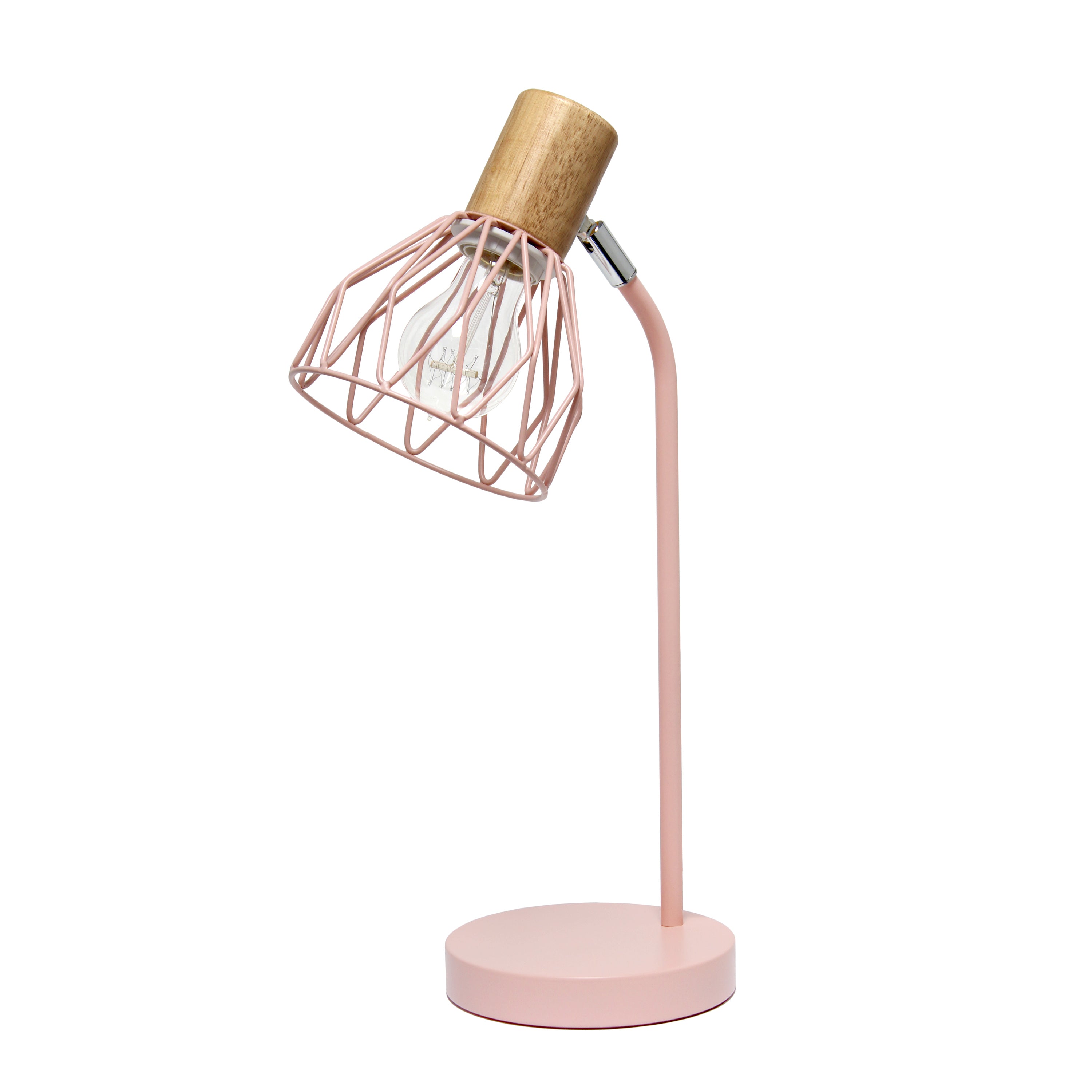 Simple Designs 18.19' Industrial Farmhouse Fusion Adjustable Cage Wire Office Accent Desk Lamp, Light Pink
