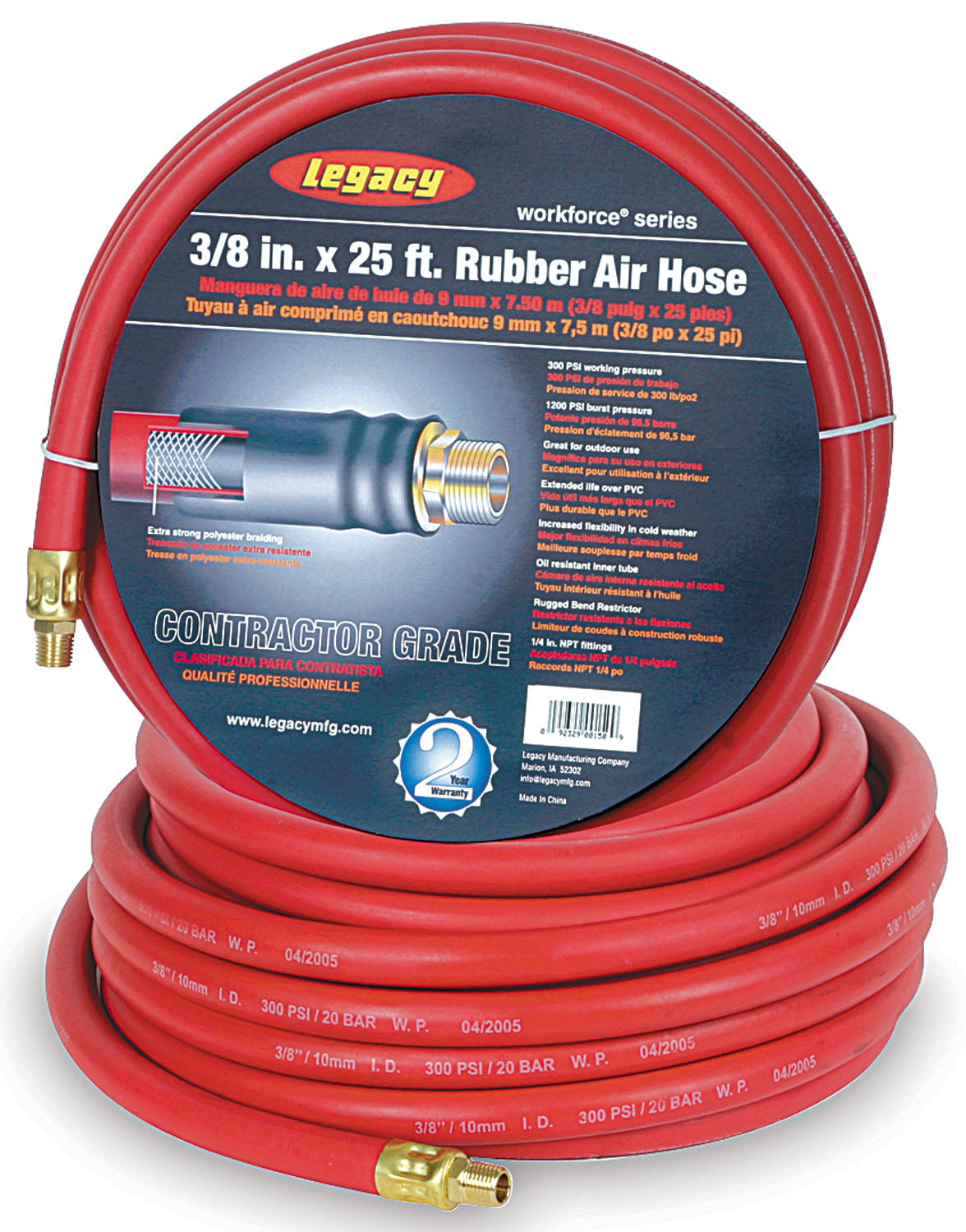 Workforce Air Hose, 3/8 In. X 50 Ft., 1/4 Fittings, Rubber, Red