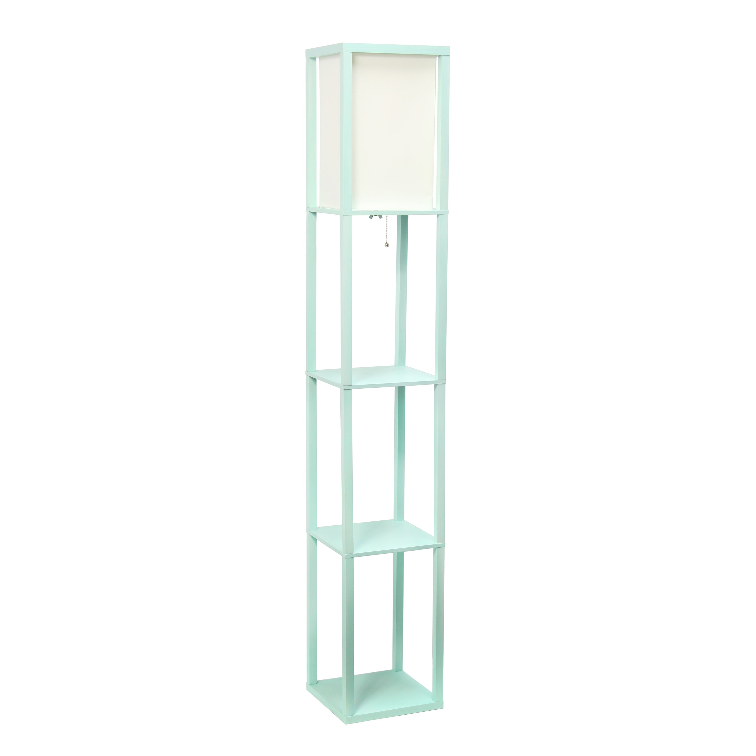 Simple Designs 62.5' Three Shelf Etagere Organizer Storage Floor Lamp With White Linen Shade For Living Room, Bedroom, Office, Hallway, Aqua, With Feit Led Bulb Included