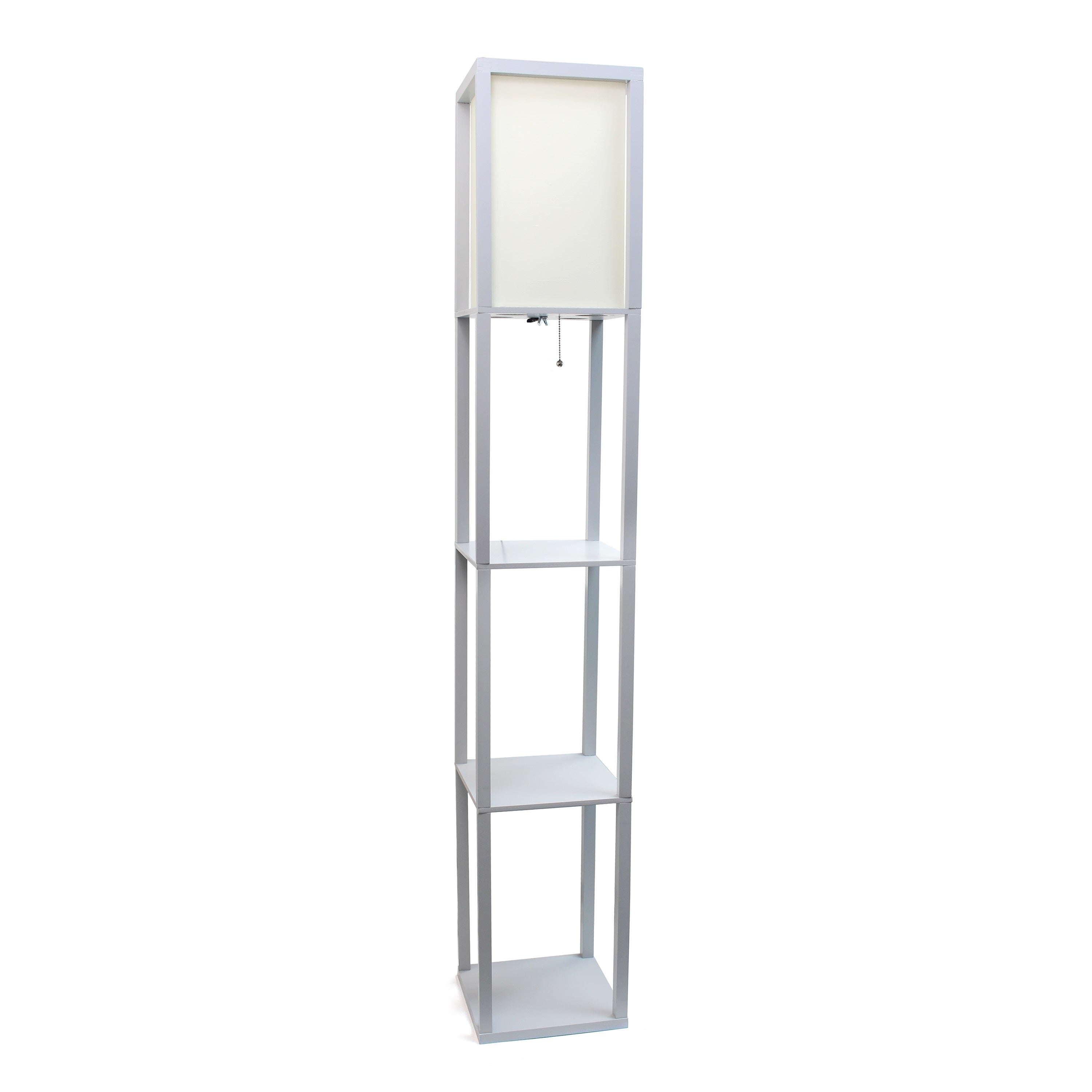 Simple Designs 62.5' Three Shelf Etagere Organizer Storage Floor Lamp With White Linen Shade For Living Room, Bedroom, Office, Hallway, Gray, With Feit Led Bulb Included