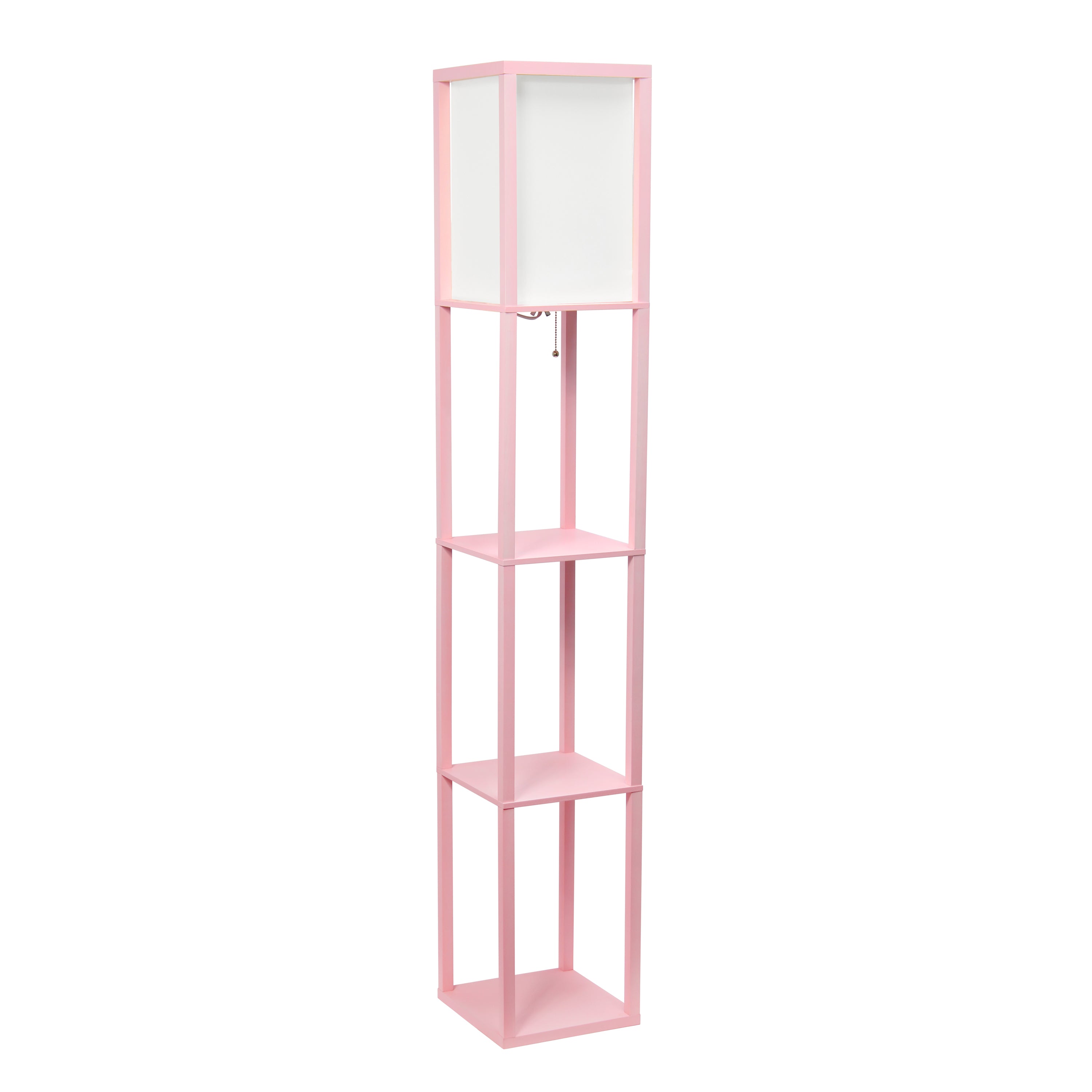 Simple Designs 62.5' Three Shelf Etagere Organizer Storage Floor Lamp With White Linen Shade For Living Room, Bedroom, Office, Hallway, Light Pink, With Feit Led Bulb Included