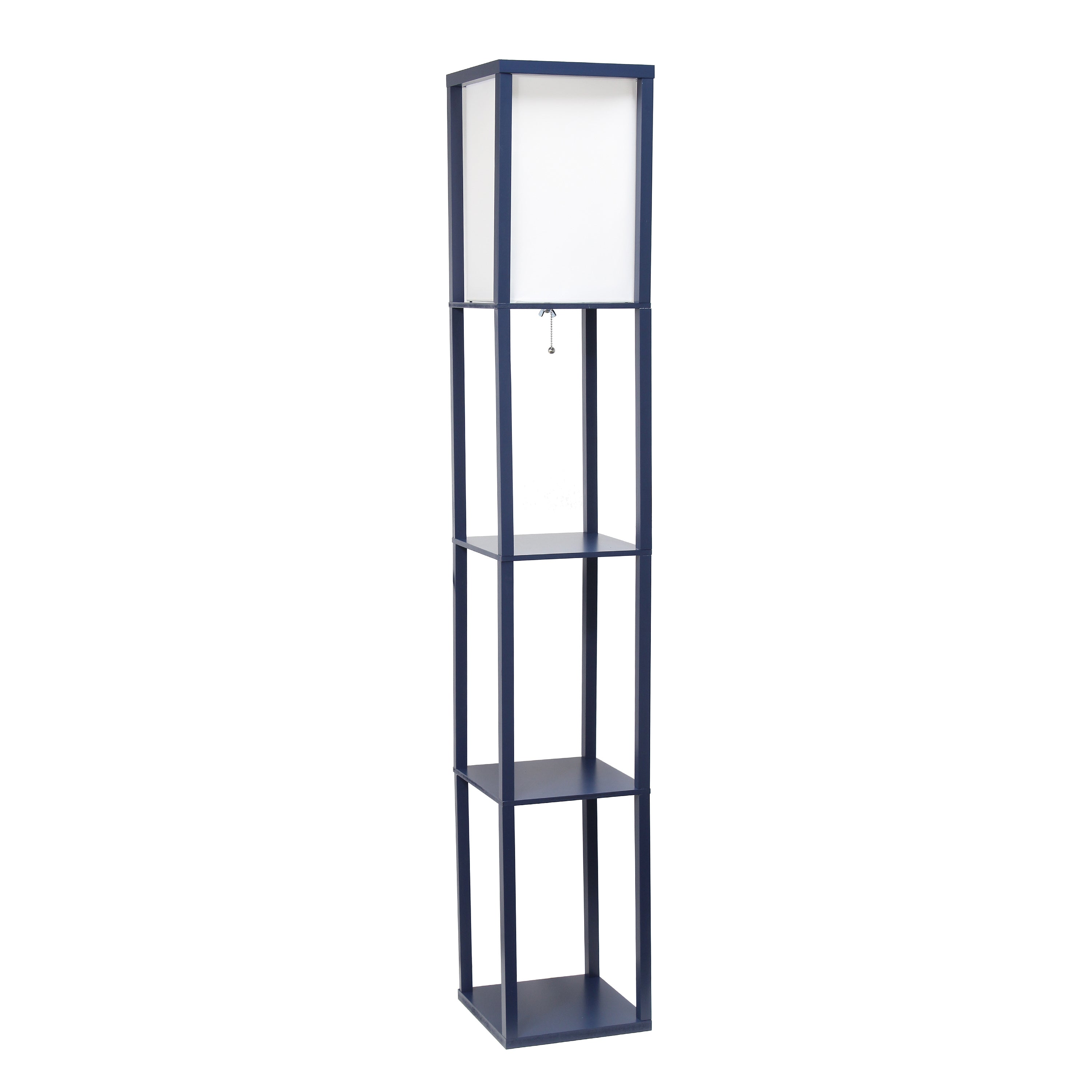 Simple Designs 62.5' Three Shelf Etagere Organizer Storage Floor Lamp With White Linen Shade For Living Room, Bedroom, Office, Hallway, Navy Blue, With Feit Led Bulb Included