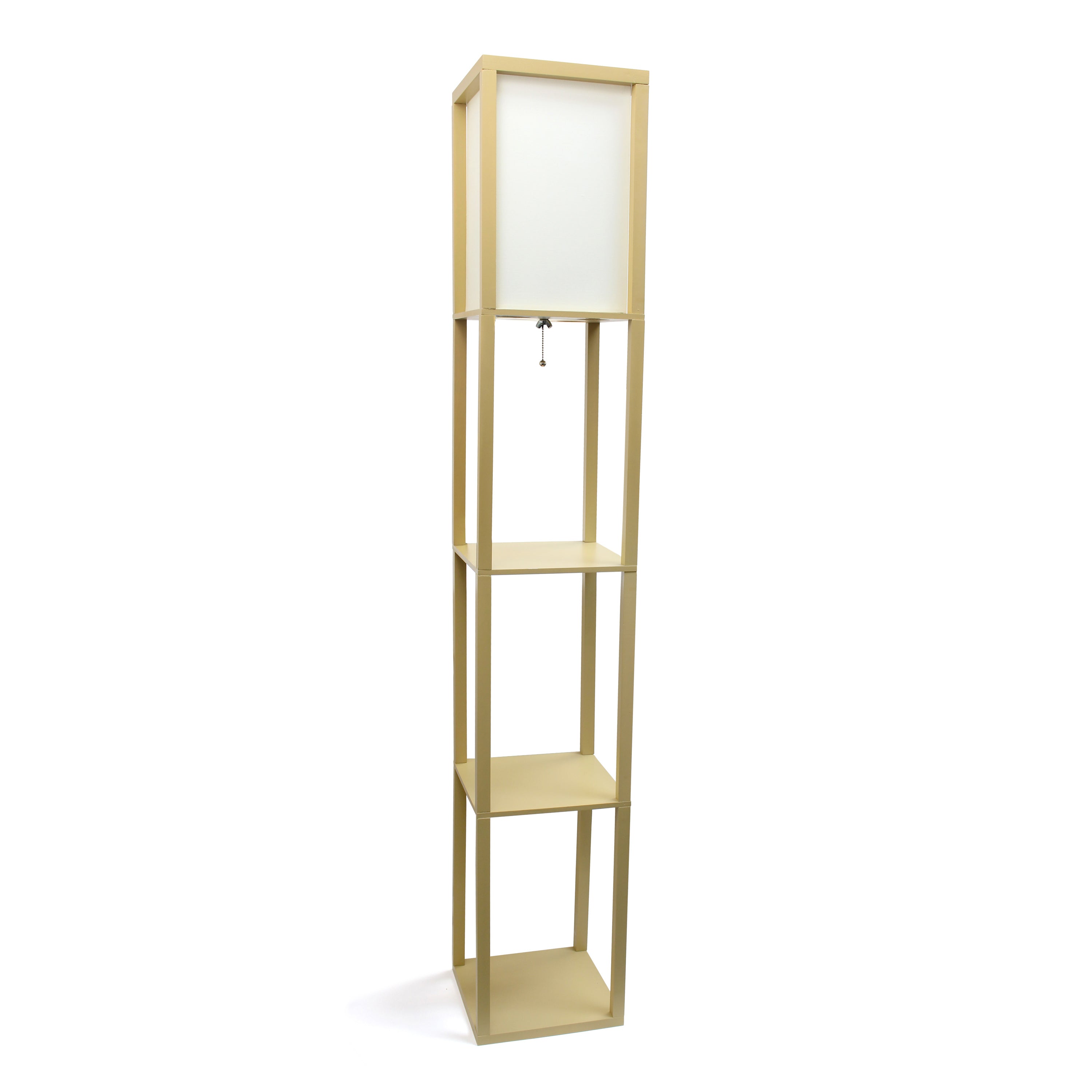 Simple Designs 62.5' Three Shelf Etagere Organizer Storage Floor Lamp With White Linen Shade For Living Room, Bedroom, Office, Hallway, Tan, With Feit Led Bulb Included