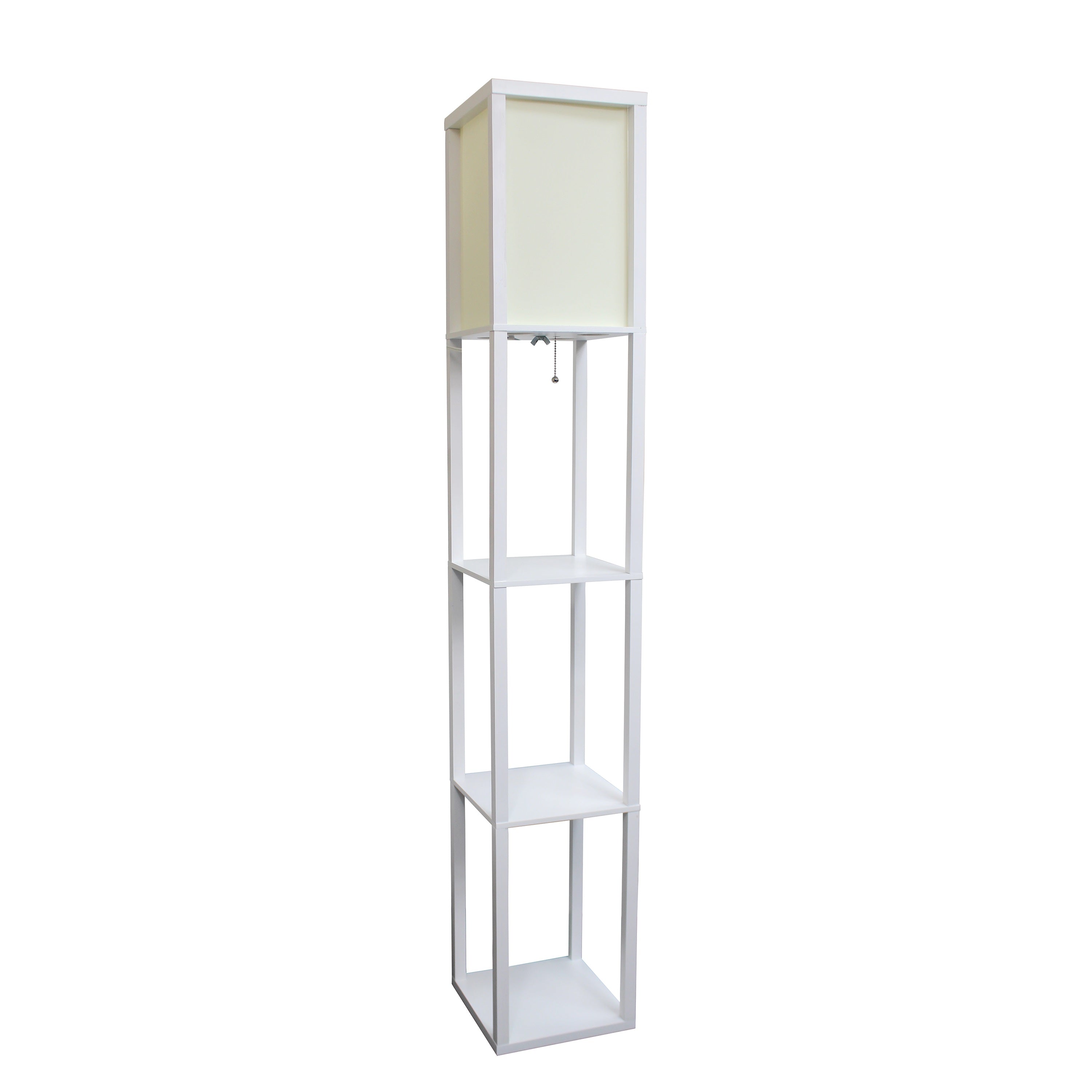 Simple Designs 62.5' Three Shelf Etagere Organizer Storage Floor Lamp With White Linen Shade For Living Room, Bedroom, Office, Hallway, White, With Feit Led Bulb Included