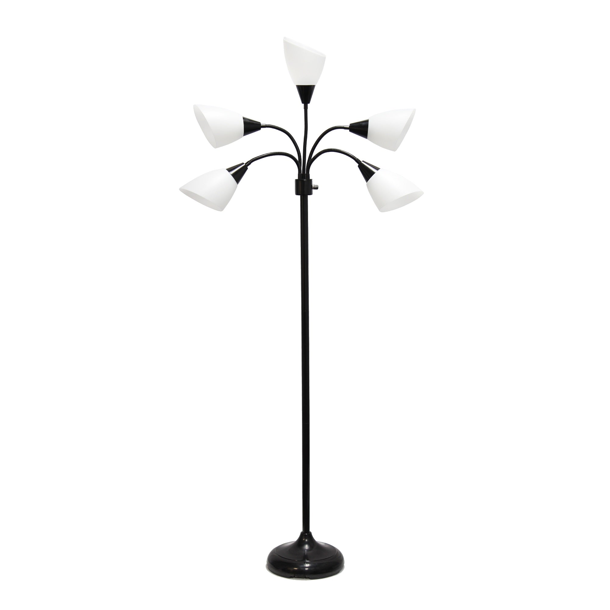 Simple Designs 5 Light Adjustable Gooseneck Black Floor Lamp With White Shades