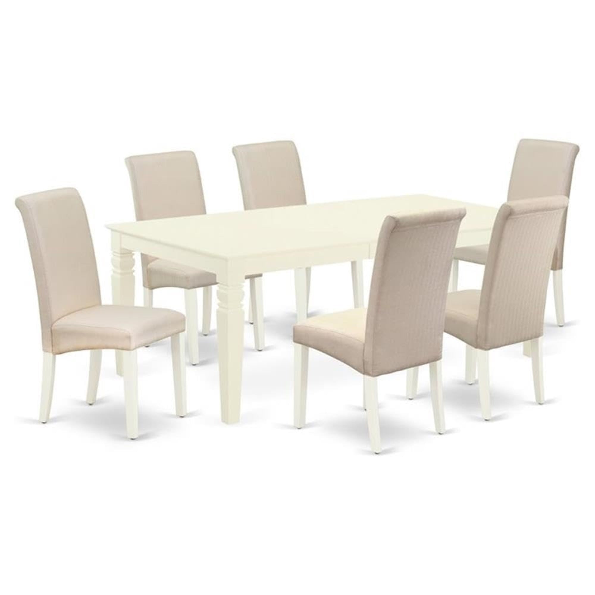 Casafoyer Lgba7-Lwh-01 7 Piece Set Consist Of A Rectangle Dining Room Table With  Leaf And 6 Cream Fabric Upholstered Chairs, 42X84 Inch, Linen White
