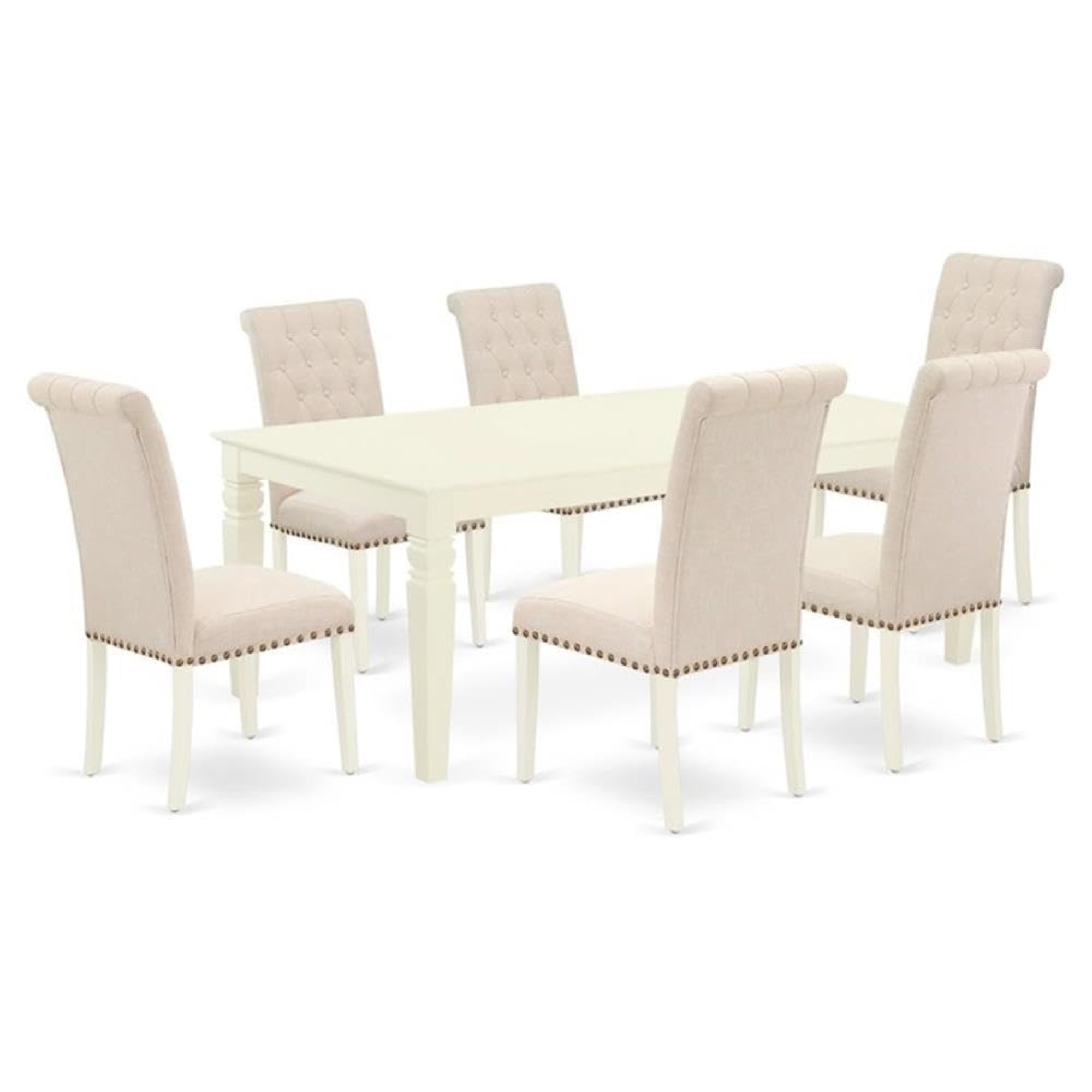 Casafoyer Lgbr7-Lwh-02 7 Piece Dining Set Consist Of A Rectangle Dinner Table With  Leaf And 6 Light Beige Fabric Parson Chairs, 42X84 Inch, Linen White
