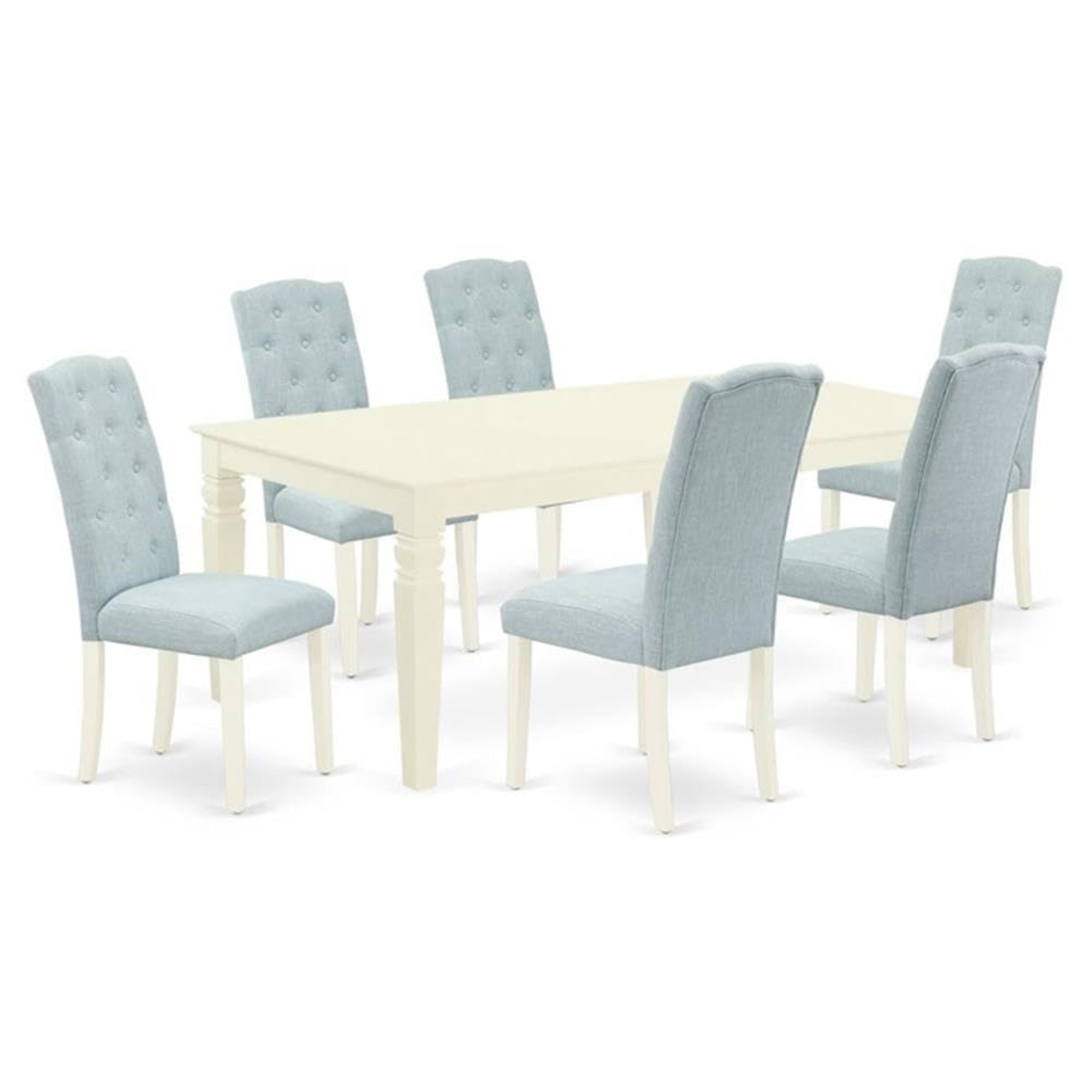 Casafoyer Lgce7-Lwh-15 7Pc Dinette Set Includes A Rectangular Kitchen Table With  Leaf And Six Parson Chairs With Baby Blue Fabric, Linen White Finish, 42X84 Inch