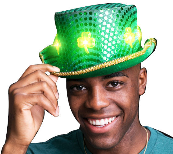 LED Green Clover Ultimate Sequin Plush Irish Top Hat with Shamrocks for St. Patricks Day