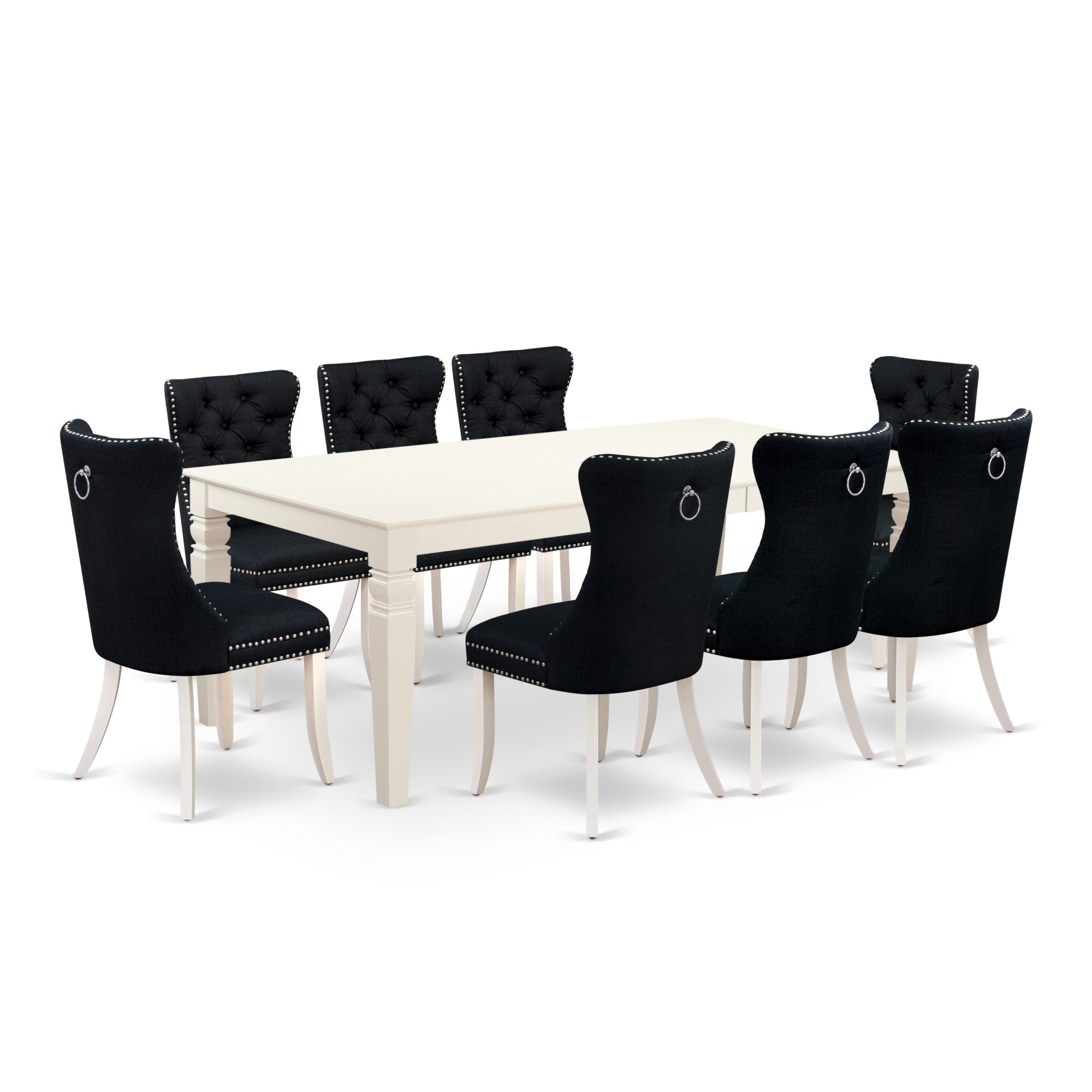 East West Furniture Lgda9-Lwh-24 9 Piece Dinette Set Includes A Rectangle Dining Table With Butterfly Leaf And 8 Padded Chairs, 42X84 Inch, Linen White