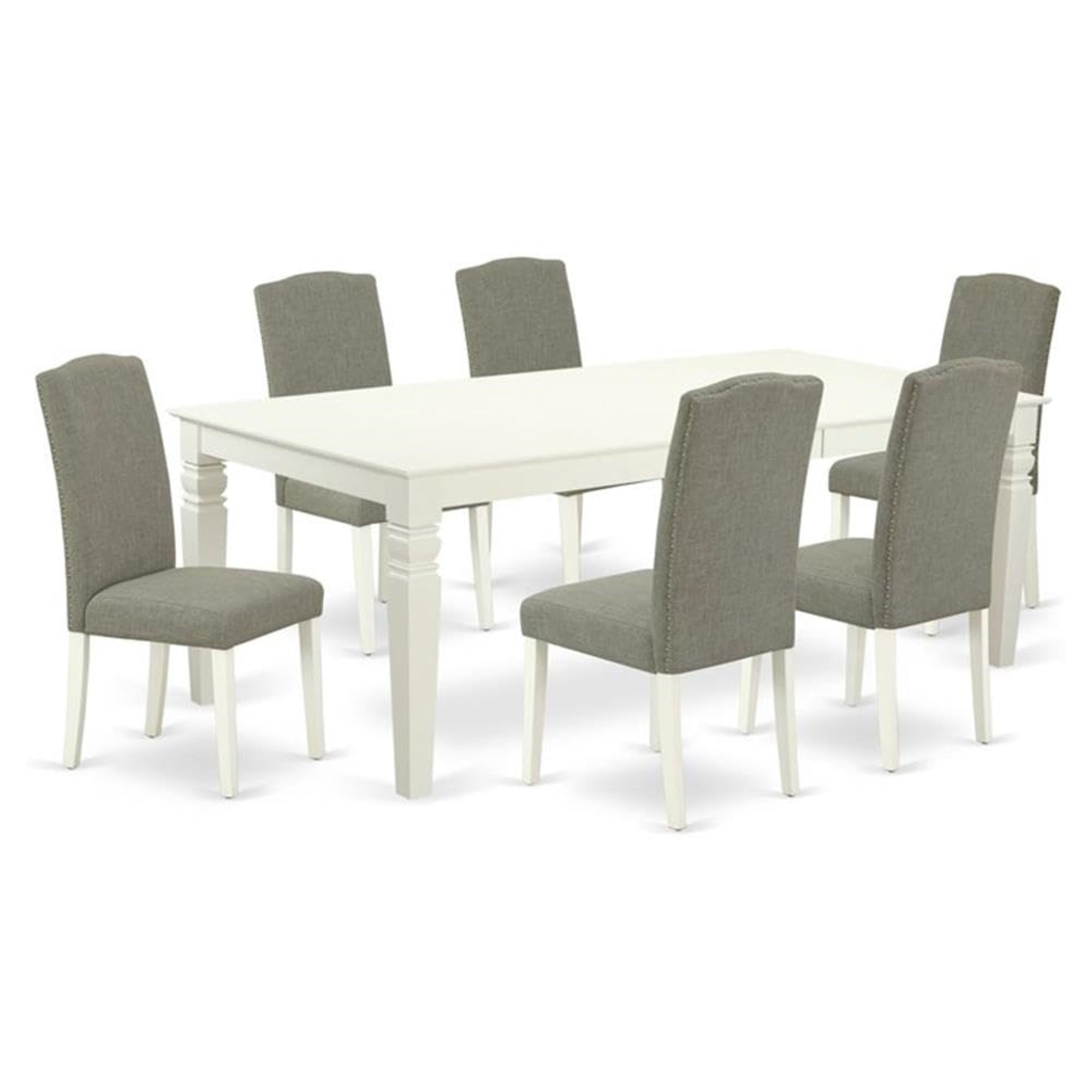 Casafoyer Lgen7-Lwh-06 7 Piece Dining Room Table Set Consist Of A Rectangle Kitchen Table With  Leaf And 6 Dark Shitake Linen Fabric Parson Chairs, 42X84 Inch, Linen White