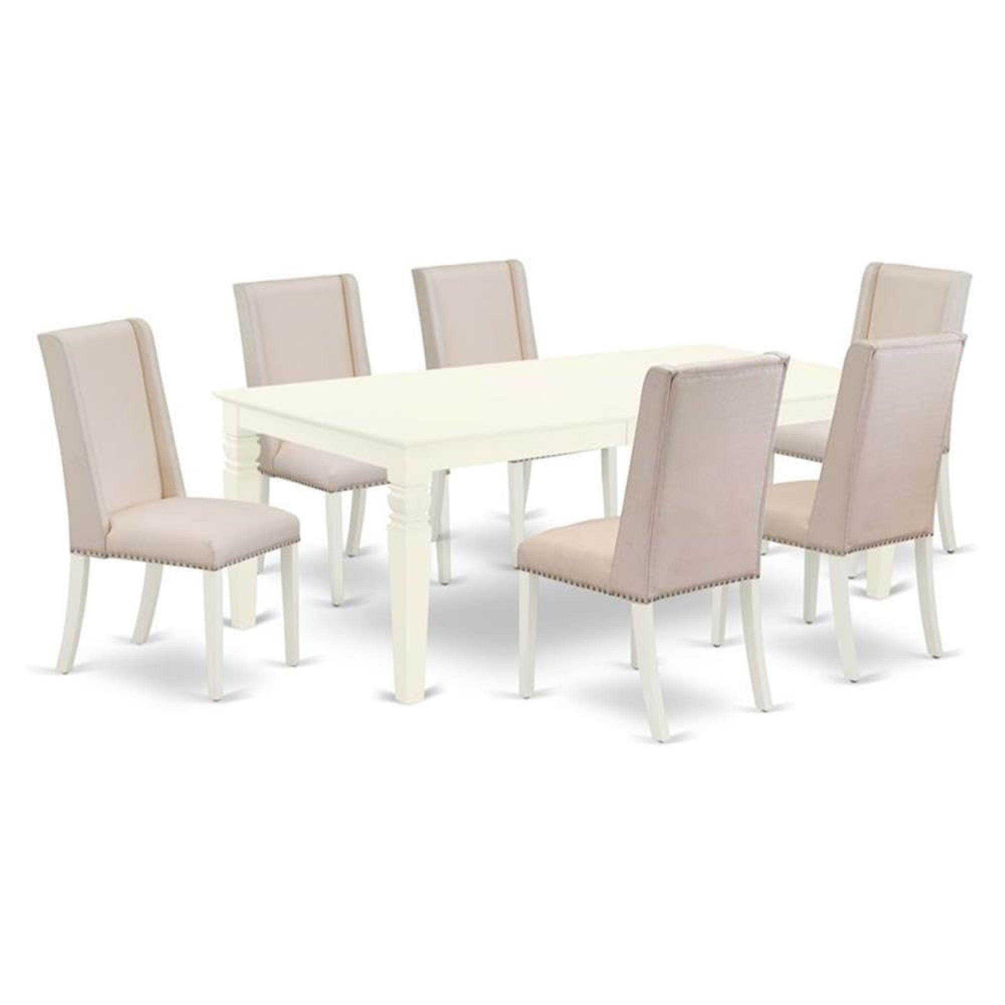 Casafoyer Lgfl7-Lwh-01 7 Piece Dining Table Set Consist Of A Rectangle Kitchen Table With  Leaf And 6 Cream Linen Fabric Upholstered Chairs, 42X84 Inch, Linen White