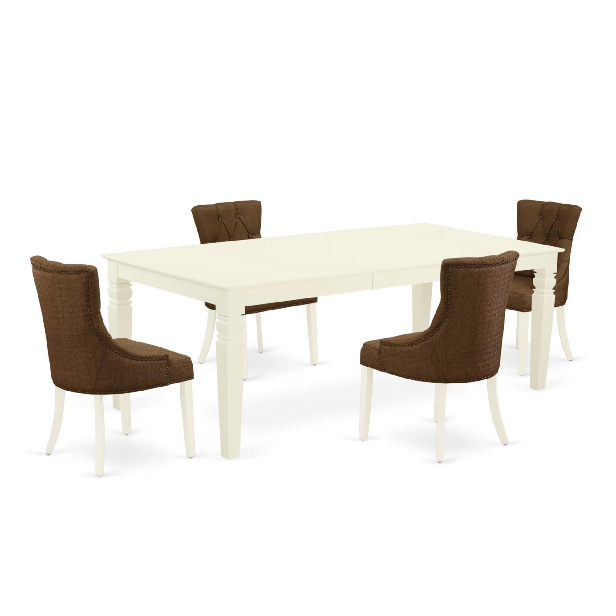 Casafoyer Lgfr5-Lwh-18 Logan 5 Piece Dining Set Includes A Rectangle Kitchen Table With  Leaf And 4 Brown Fabric Upholstered Chairs, 42X84 Inch, Linen White