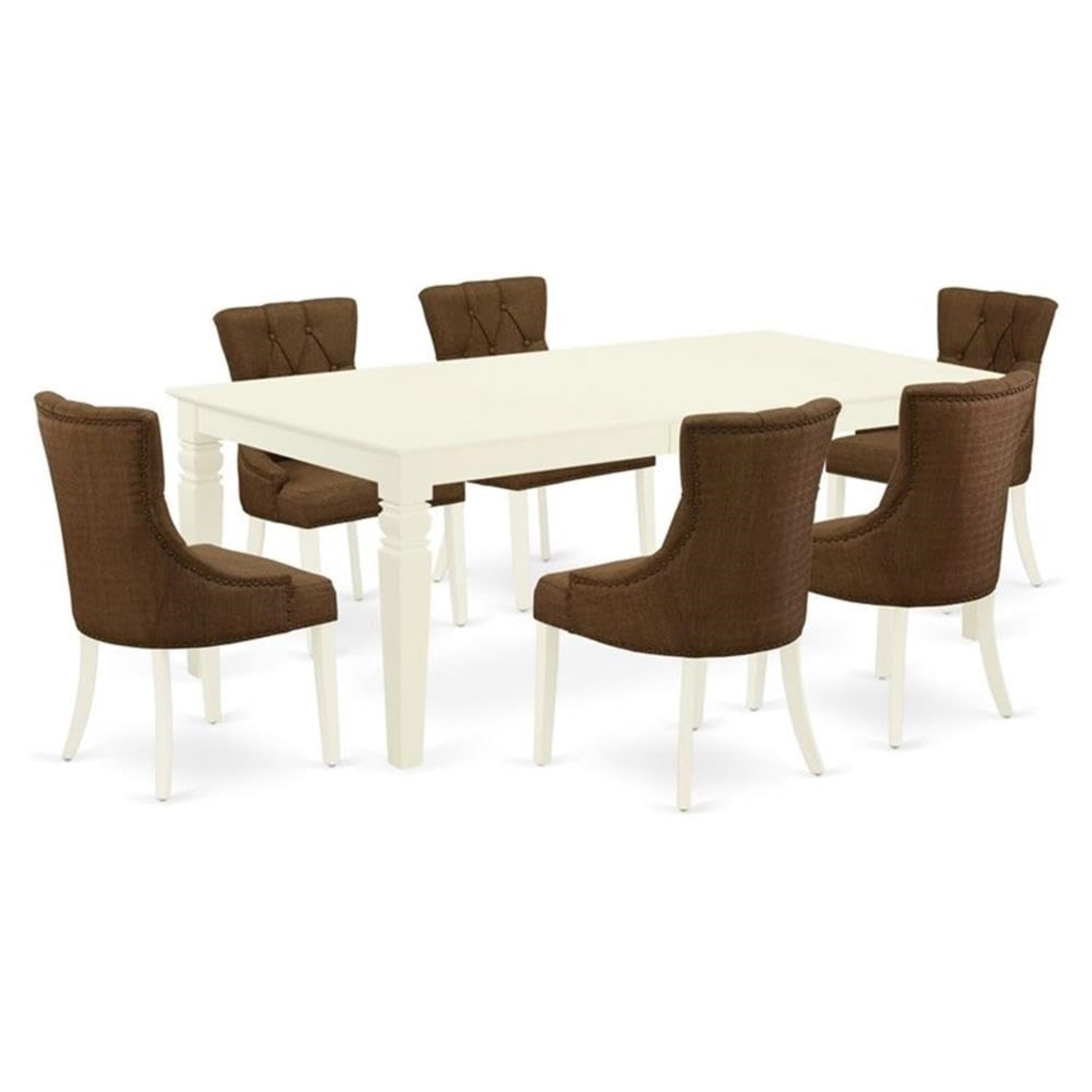 Casafoyer Lgfr7-Lwh-18 Logan 7 Piece Kitchen Set Consist Of A Rectangle Dining Table With  Leaf And 6 Brown Fabric Parson Chairs, 42X84 Inch, Linen White