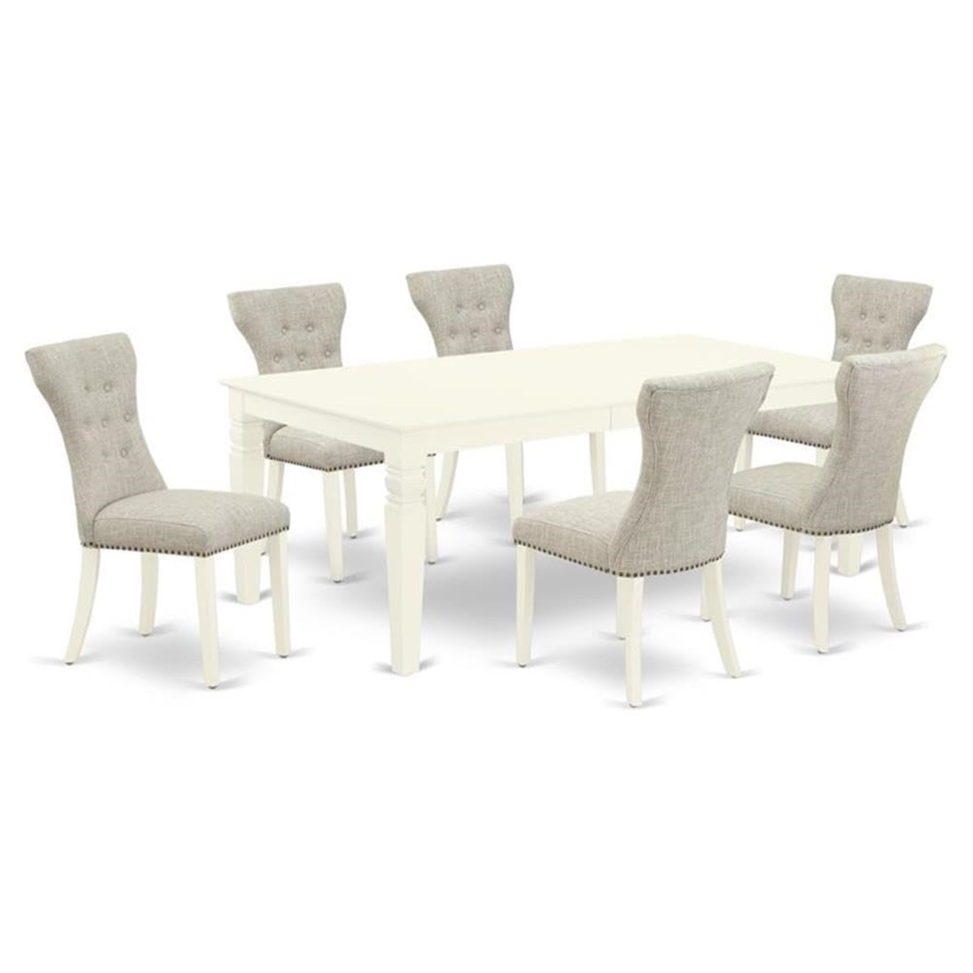 Casafoyer Lgga7-Lwh-35 Logan 7 Piece Dining Set Consist Of A Rectangle Kitchen Table With  Leaf And 6 Doeskin Fabric Upholstered Chairs, 42X84 Inch, Linen White
