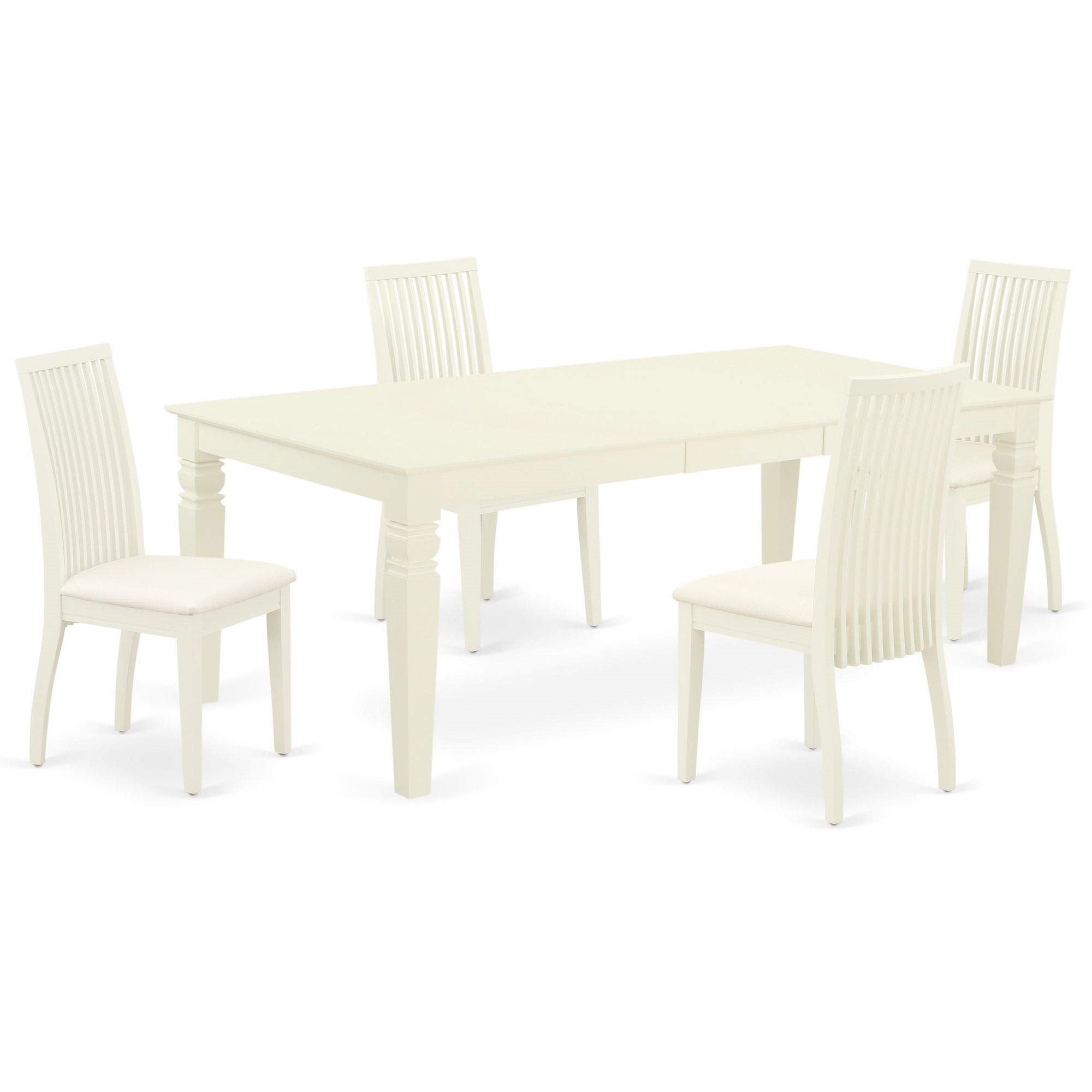 Ergode Lgip5-Lwh-C, Missionary Design Dining Room Set, Rectangle Table With Butterfly Leaf, 4 Fabric Seat Chairs, Linen White Finish, 42X84 Inch