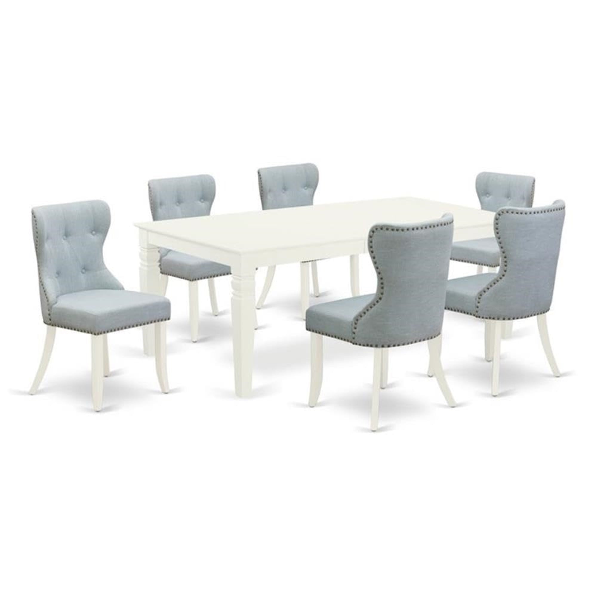 Casafoyer Logan 7 Piece Room Set Consist Of A Rectangle Wooden Table With  Leaf And 6 Baby Blue Linen Fabric Parson Dining Chairs, 42X84 Inch, Lgsi7-Lwh-15