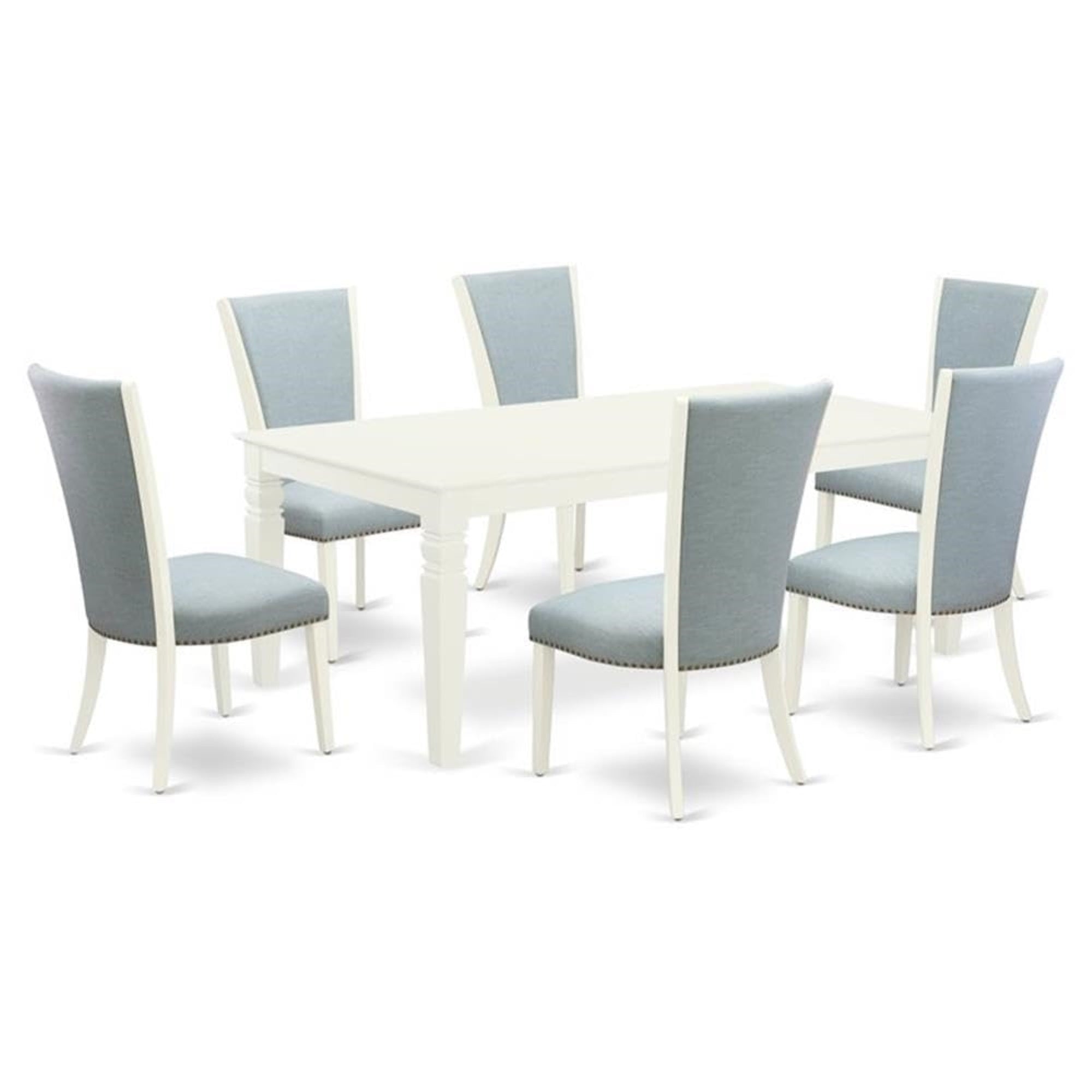 Casafoyer Logan 7 Piece Kitchen Set Consist Of A Rectangle  Leaf Dining Table And 6 Baby Blue Linen Fabric Parson Chairs, 42X84 Inch, Lgve7-Lwh-15