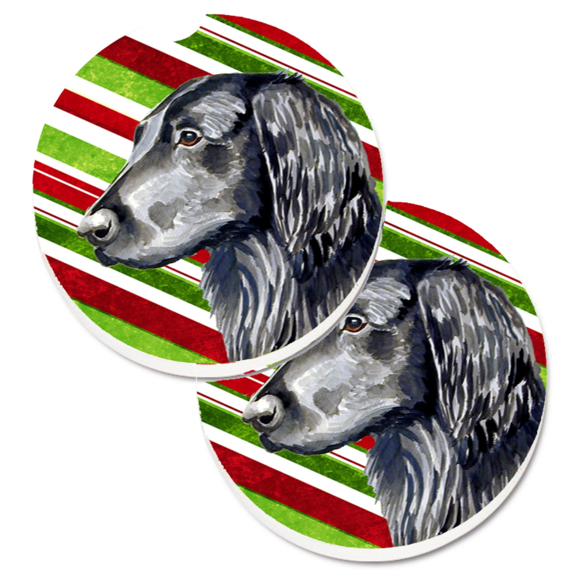 Caroline'S Treasures Flat Coated Retriever Candy Cane Holiday Christmas Set Of 2 Cup Holder Car Coasters Lh9231Carc, 2.56, Mul