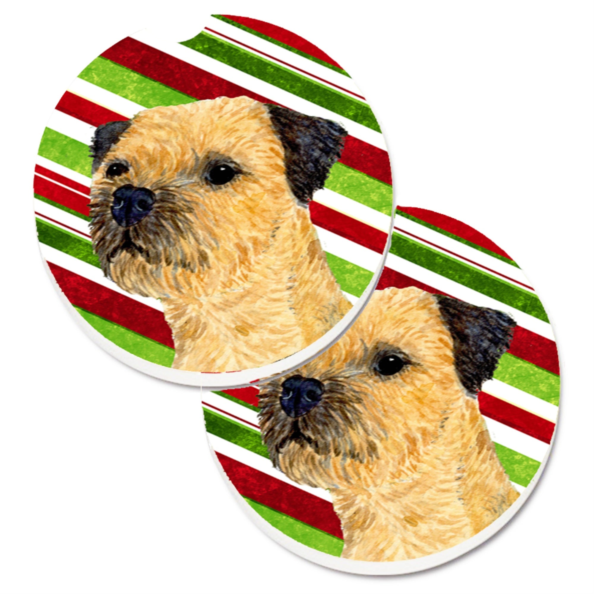 Caroline'S Treasures Border Terrier Candy Cane Holiday Christmas Set Of 2 Cup Holder Car Coasters Lh9233Carc, 2.56, Multicolor