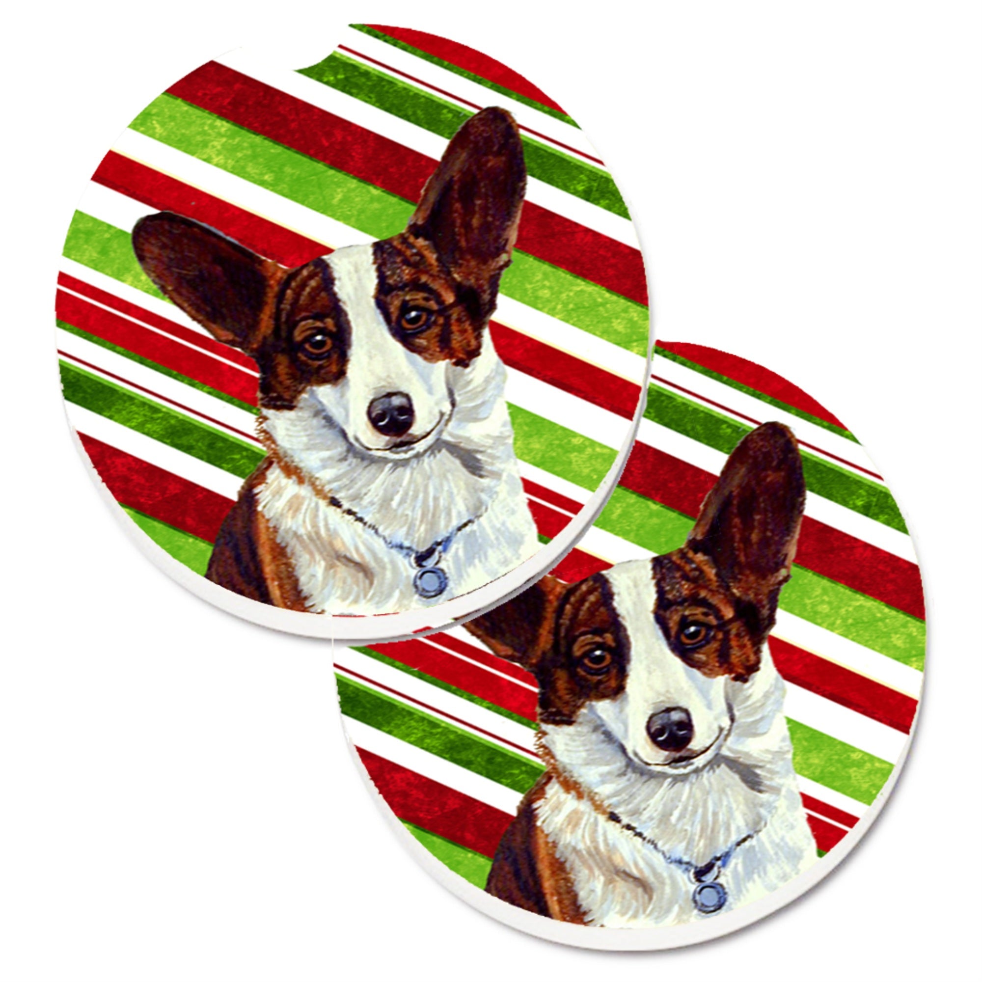 Caroline'S Treasures Corgi Candy Cane Holiday Christmas Set Of 2 Cup Holder Car Coasters Lh9243Carc, 2.56, Multicolor