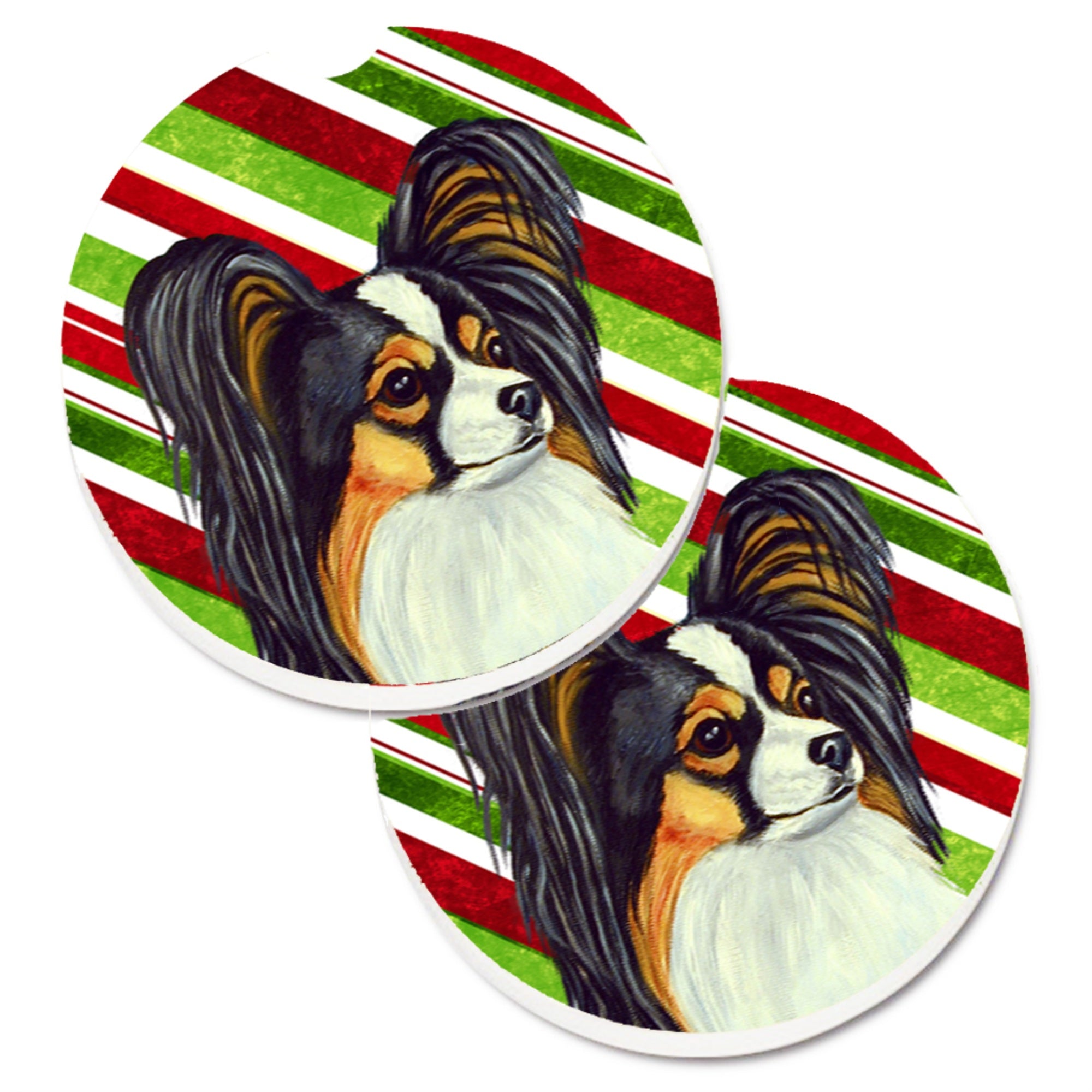 Caroline'S Treasures Papillon Candy Cane Holiday Christmas Set Of 2 Cup Holder Car Coasters Lh9255Carc, 2.56, Multicolor