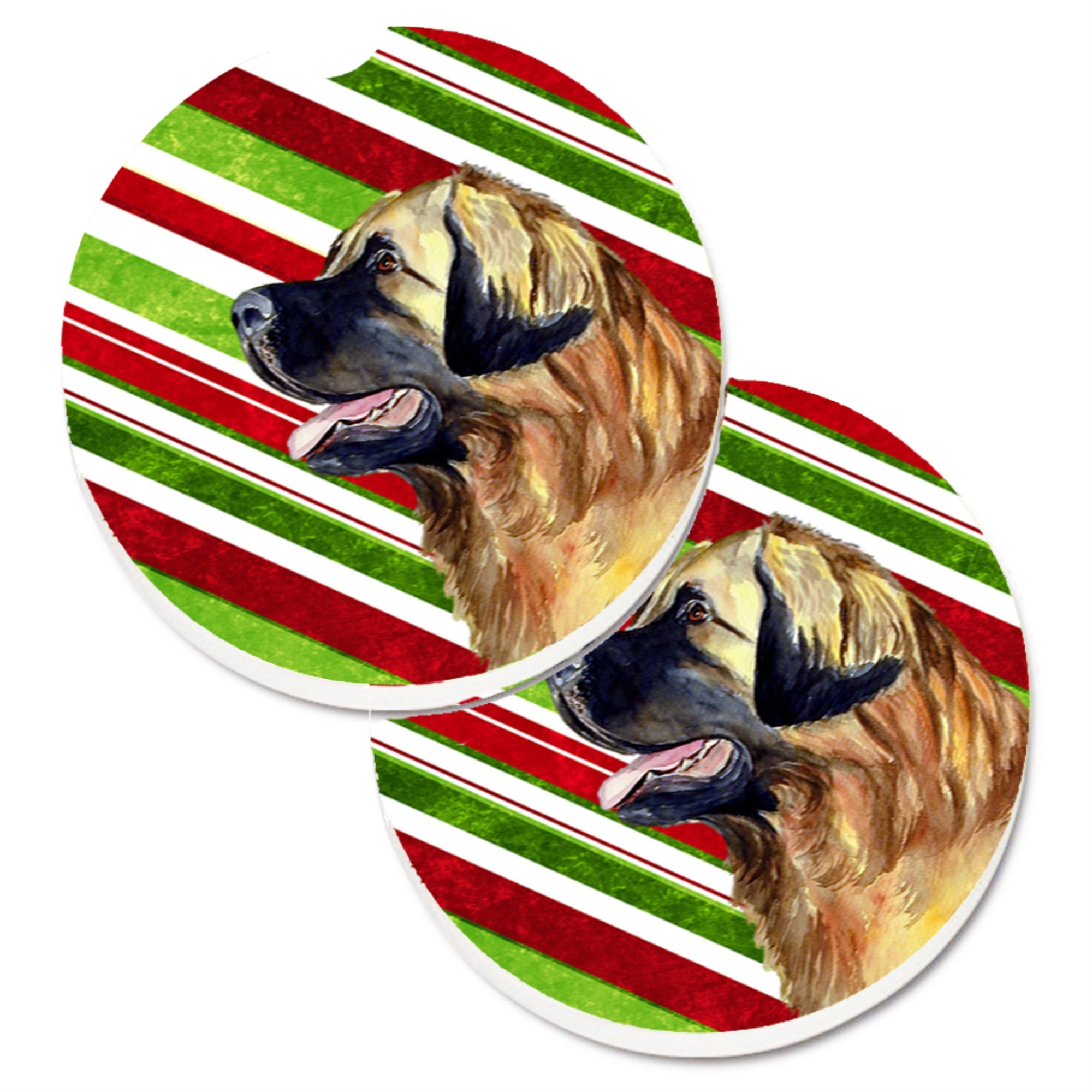 Caroline'S Treasures Leonberger Candy Cane Holiday Christmas Set Of 2 Cup Holder Car Coasters Lh9258Carc, 2.56, Multicolor