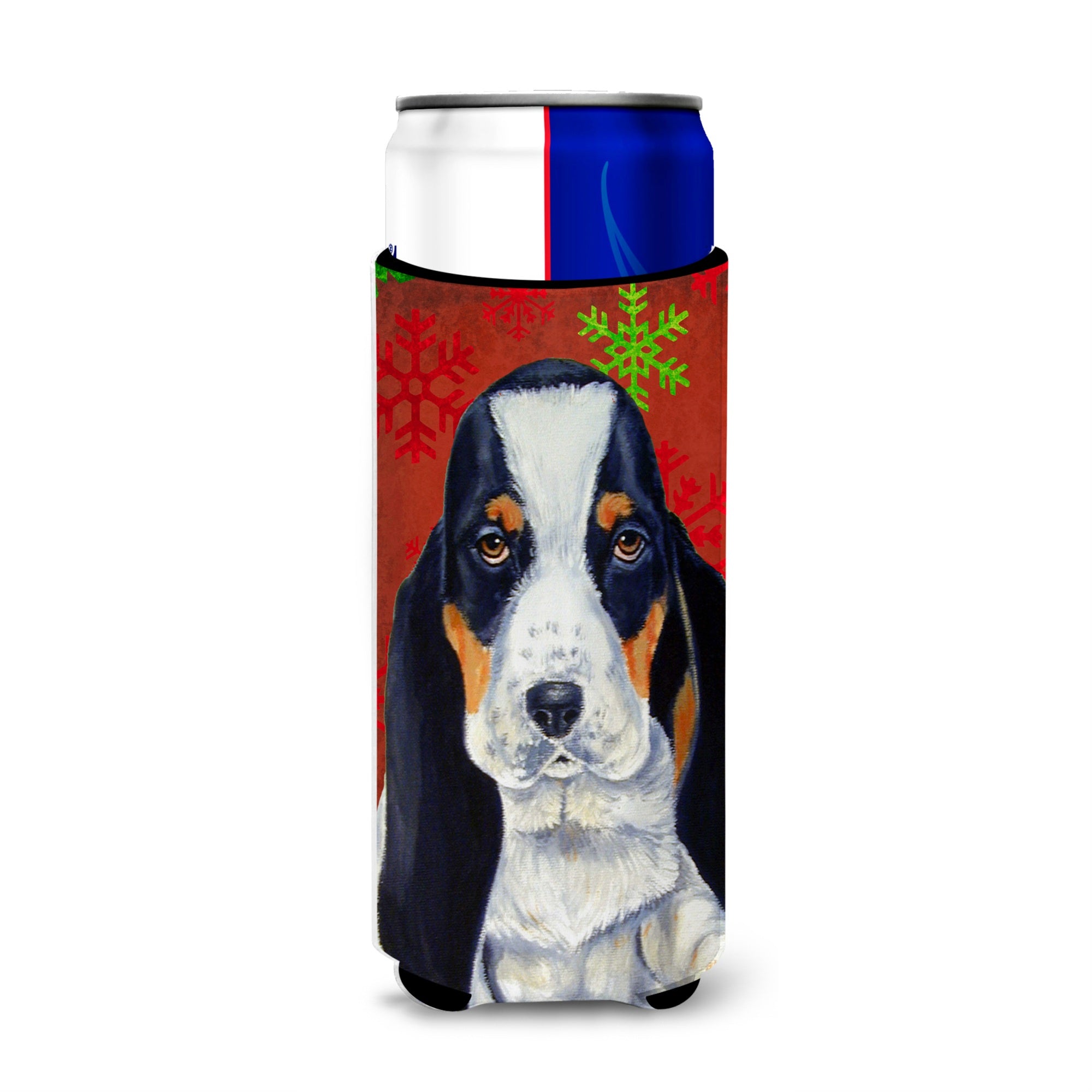 Basset Hound Red And Green Snowflakes Holiday Christmas Ultra Beverage Insulators For Slim Cans Lh9329Muk
