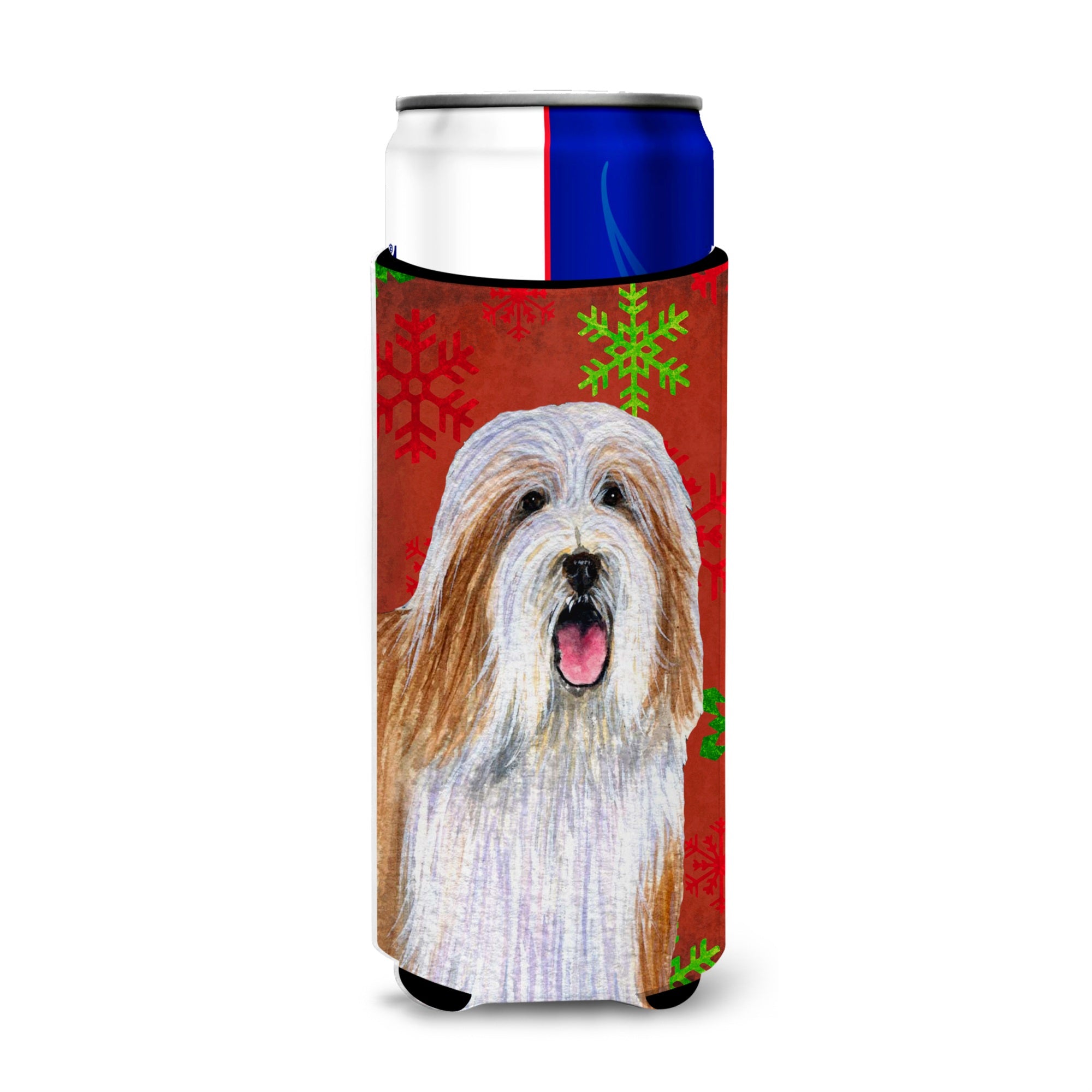 Bearded Collie Red And Green Snowflakes Holiday Christmas Ultra Beverage Insulators For Slim Cans Lh9330Muk