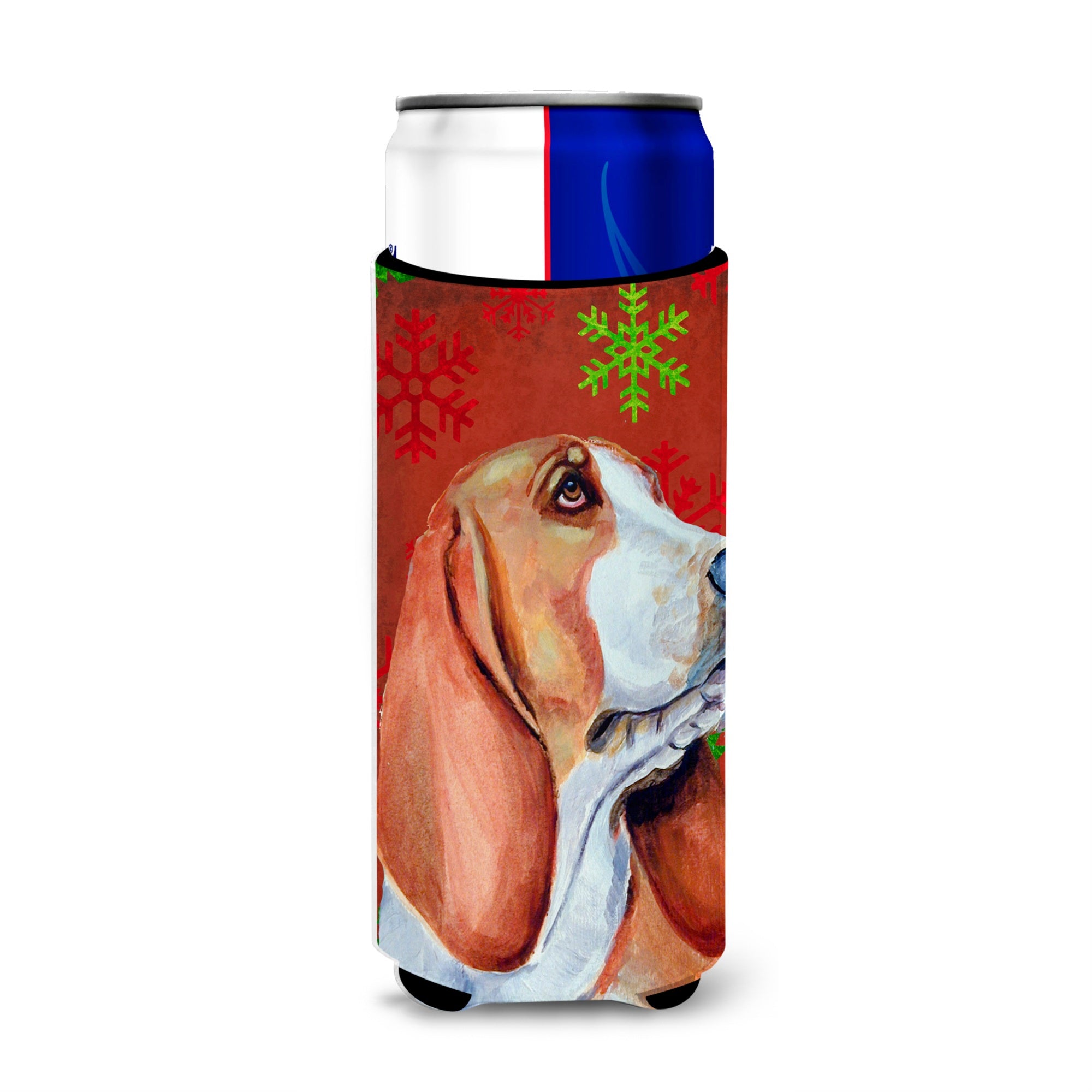 Basset Hound Red And Green Snowflakes Holiday Christmas Ultra Beverage Insulators For Slim Cans Lh9332Muk
