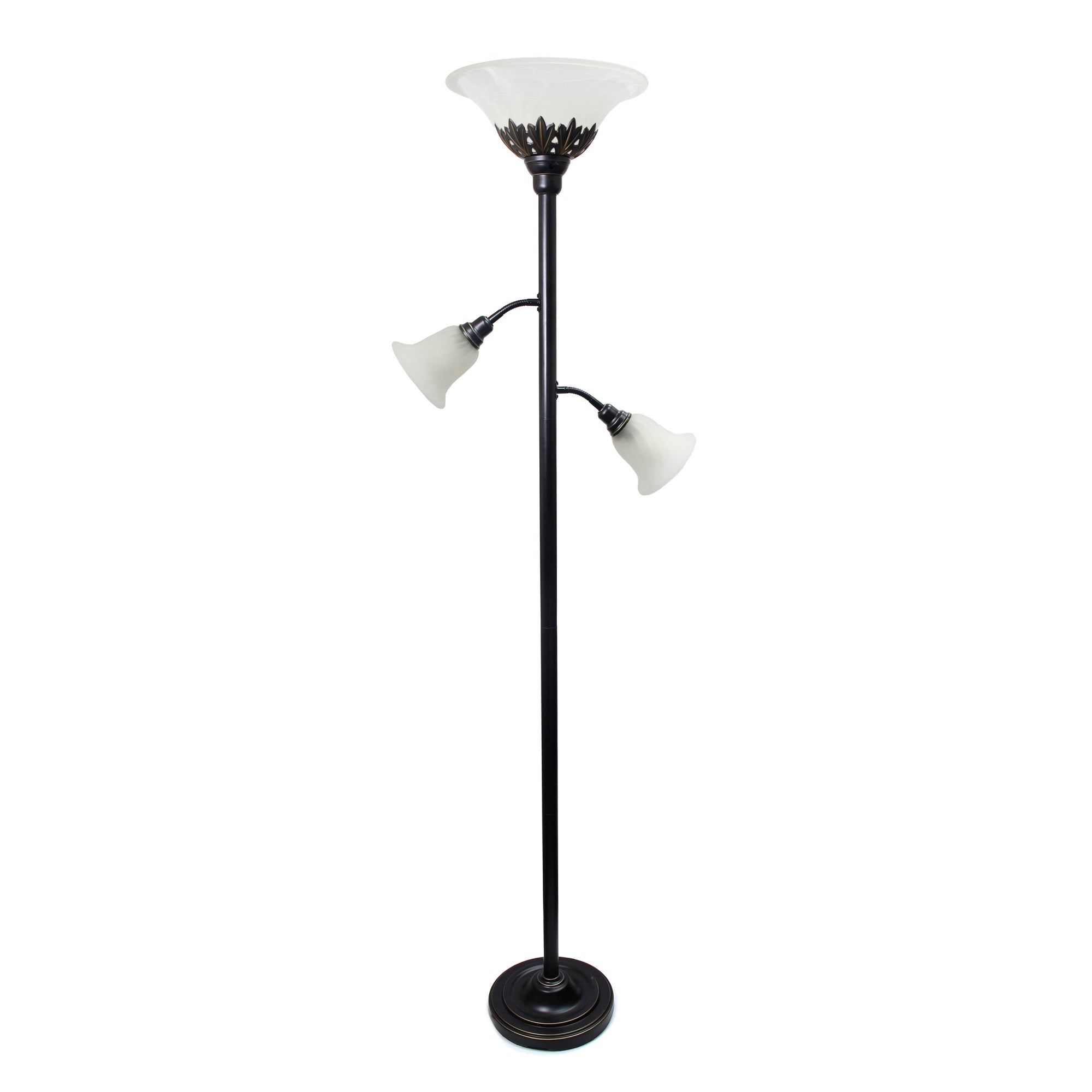 Lalia Home Torchiere Floor Lamp With 2 Reading Lights And Scalloped Glass Shades, Restoration Bronze And White