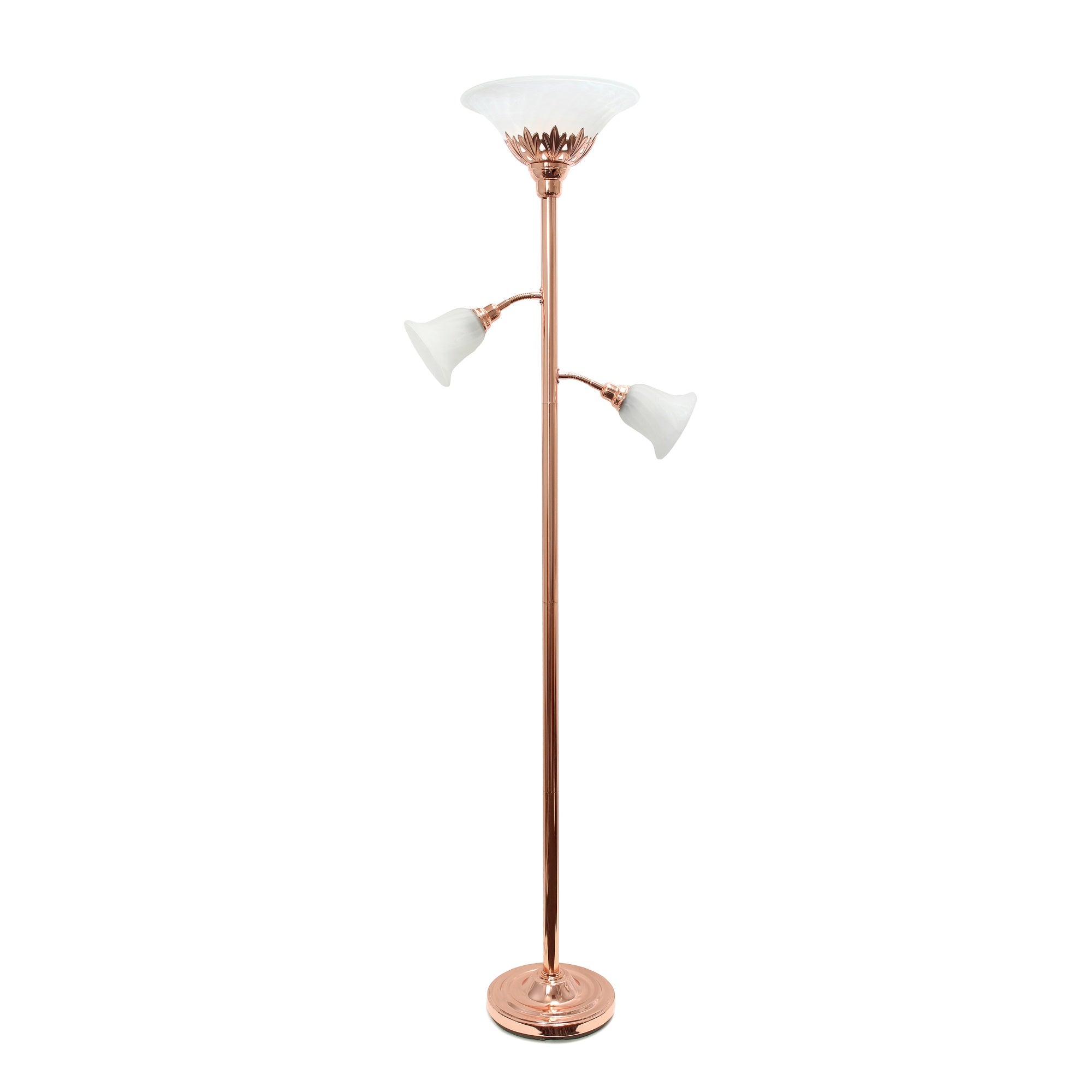 Lalia Home Torchiere Floor Lamp With 2 Reading Lights And Scalloped Glass Shades, Rose Gold