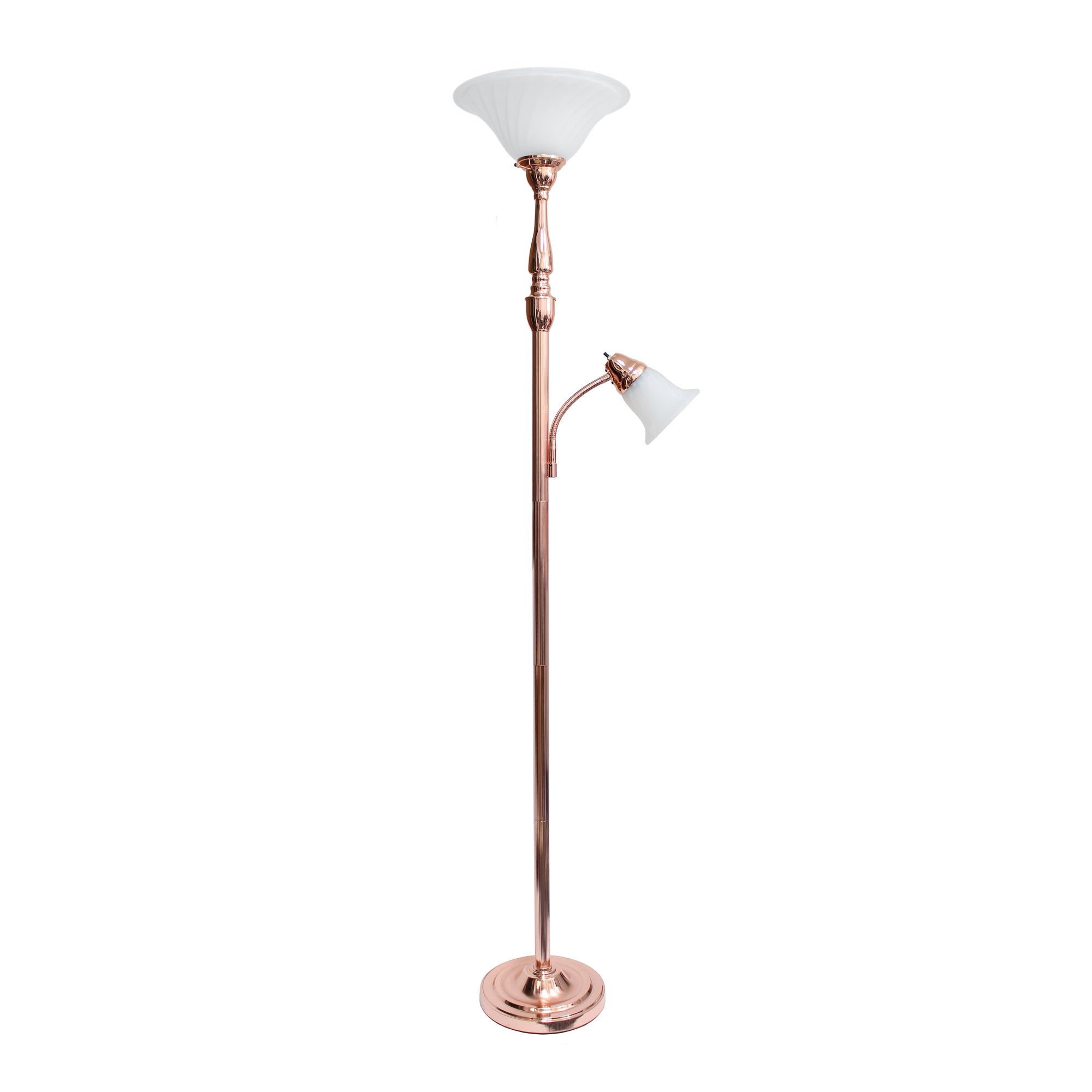 Lalia Home Torchiere Floor Lamp With Reading Light And Marble Glass Shades, Rose Gold