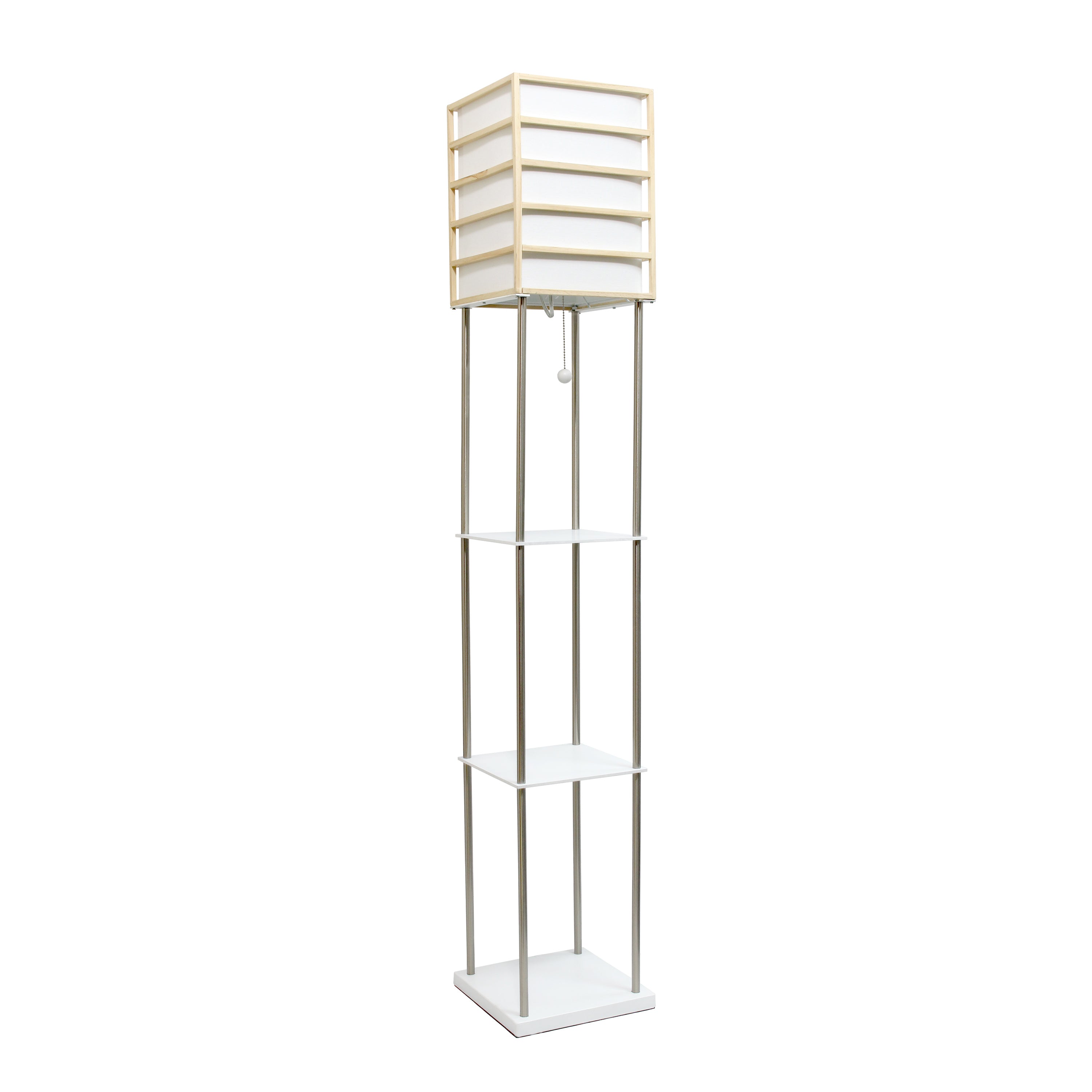 Lalia Home 1 Light Metal Etagere Floor Lamp With Storage Shelves And Linen Shade, Light Wood