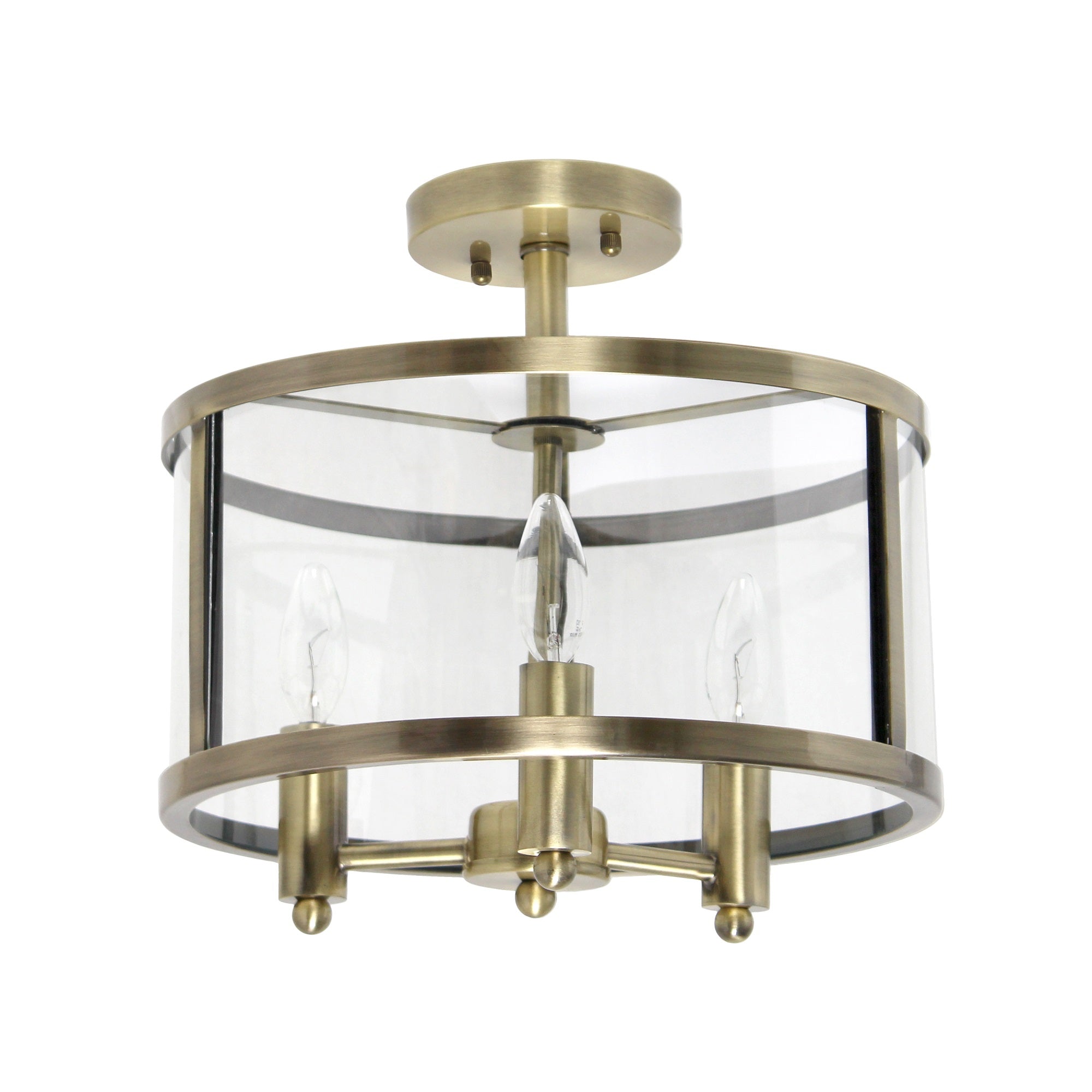 Lalia Home 3-Light 13' Industrial Farmhouse Glass And Metallic Accented Semi-Flushmount, Antique Brass