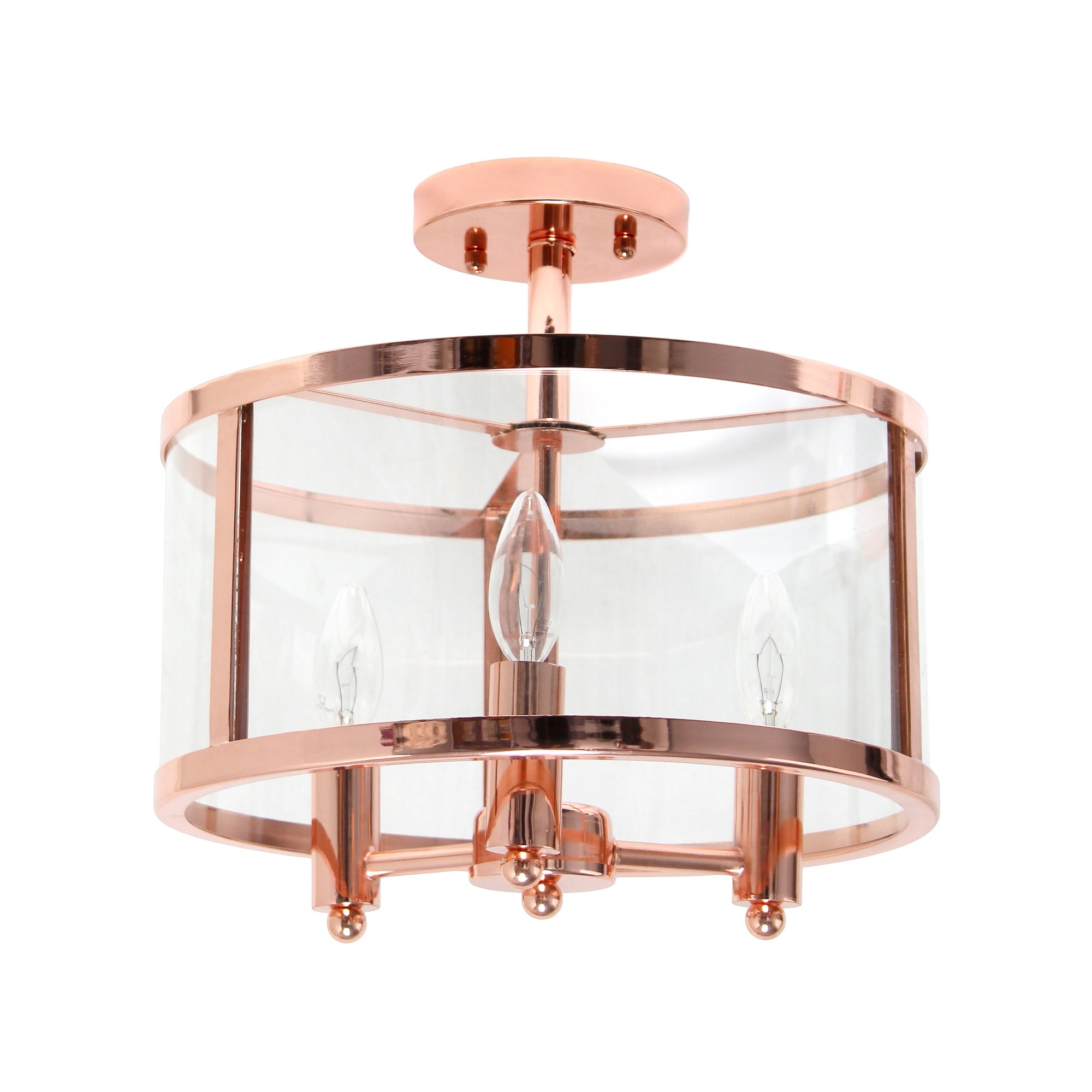 Lalia Home 3-Light 13' Industrial Farmhouse Glass And Metallic Accented Semi-Flushmount, Rose Gold