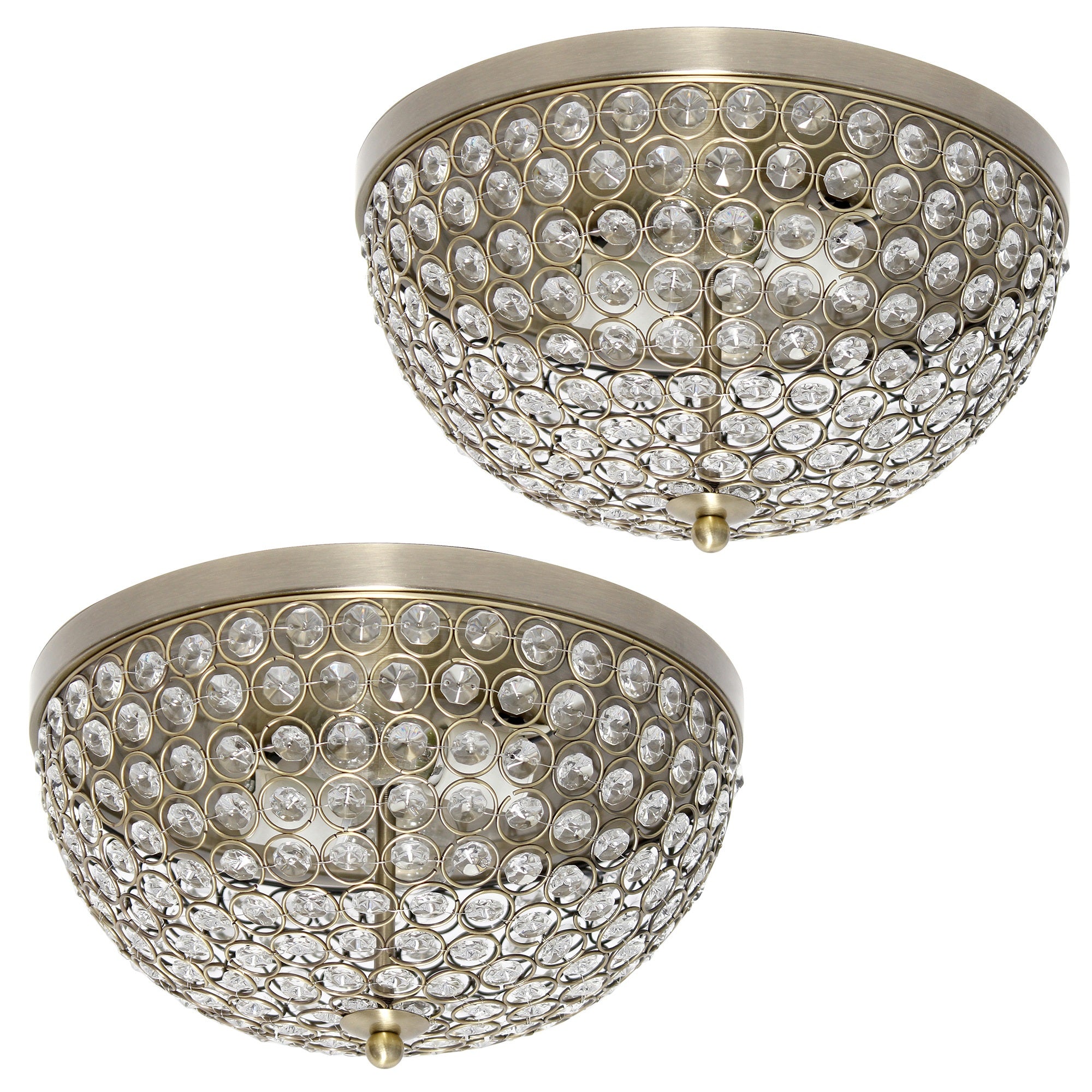 Lalia Home 13' Classix Crystal Glam Two Light Decorative Dome Shaped Metal Flush Mount Ceiling Fixture Set Of 2 For Dcor, Bedroom, Living Room, Foyer, Hallway, Antique Brass