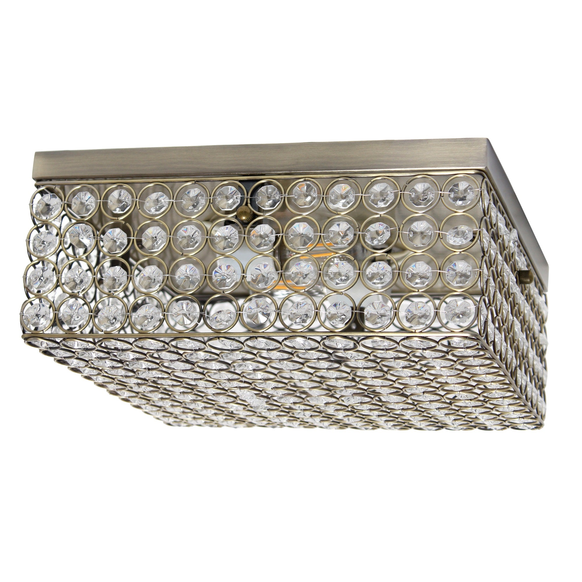 Lalia Home 12' Classix Glam Two Light Decorative Square Crystal And Metal Flush Mount Ceiling Light Fixture For Dcor, Bedroom, Living Room, Foyer, Hallway, Antique Brass
