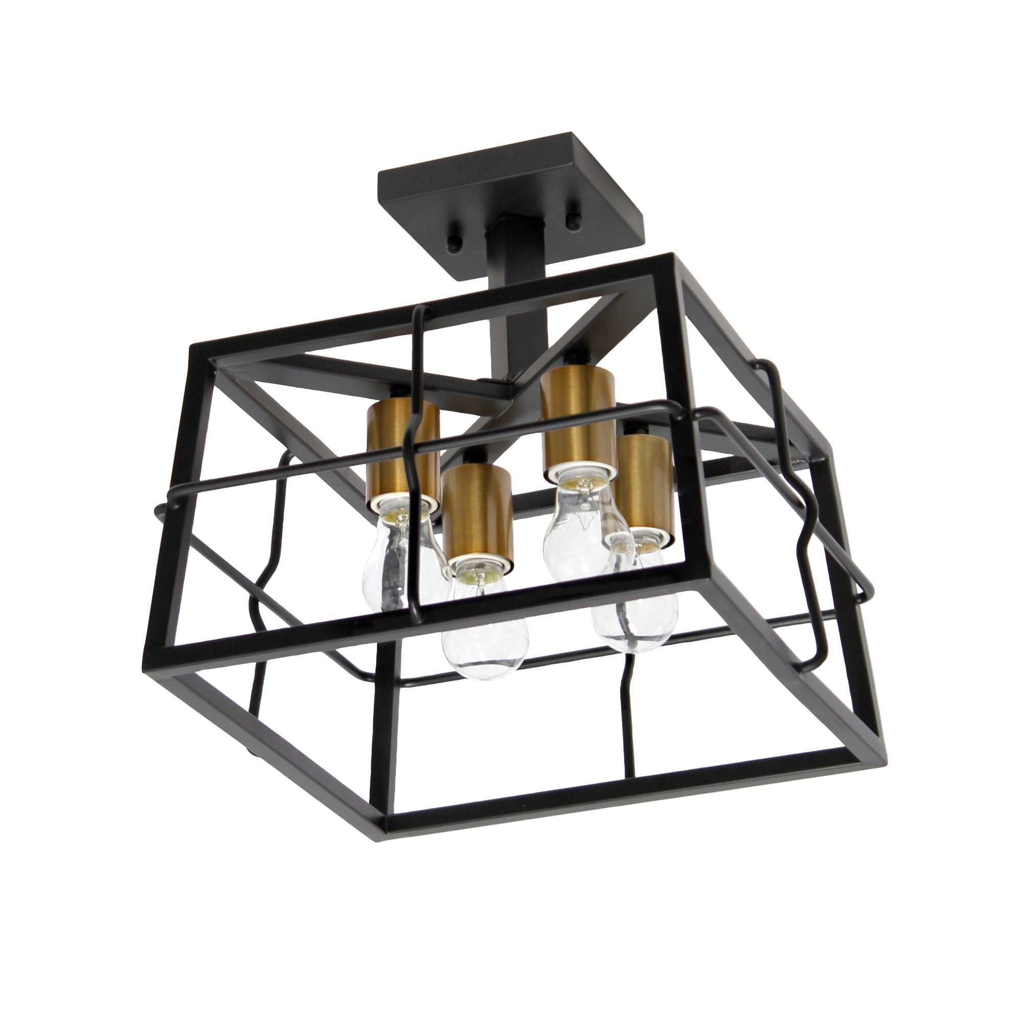 Lalia Home 12.4' Ironhouse Four Light Decorative Squared Metal Semi Flush Mount Celling Light Fixture With Exposed Lights For Farmhouse And Industrial Dcor, Bedroom, Living Room, Foyer, Hallway, Black