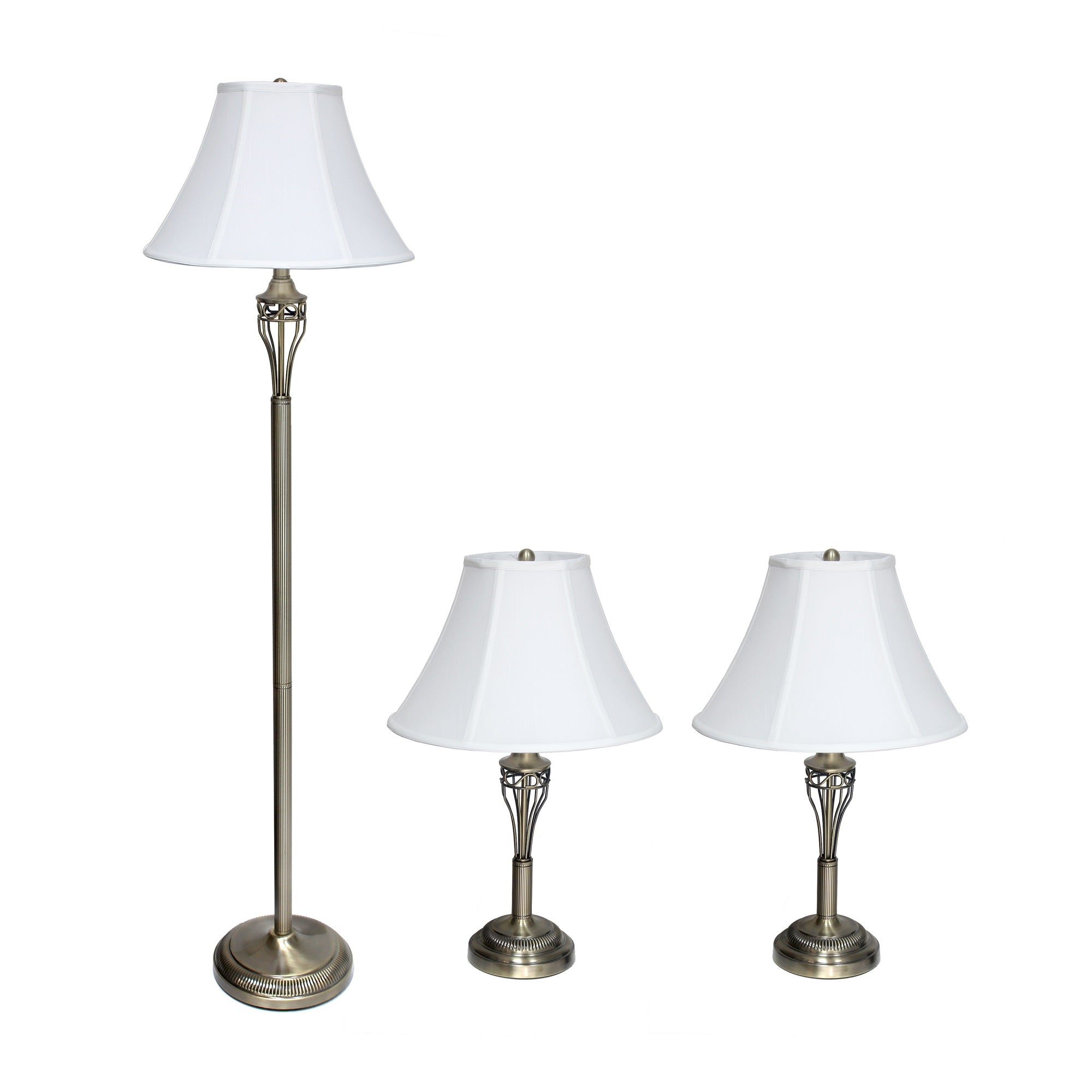 Lalia Home Perennial Roma Classic 3 Piece Metal Lamp Set (2 Table Lamps, 1 Floor Lamp) For Living Room, Bedroom, Home Decor With White Empire Fabric Shades And Antique Brass Finish