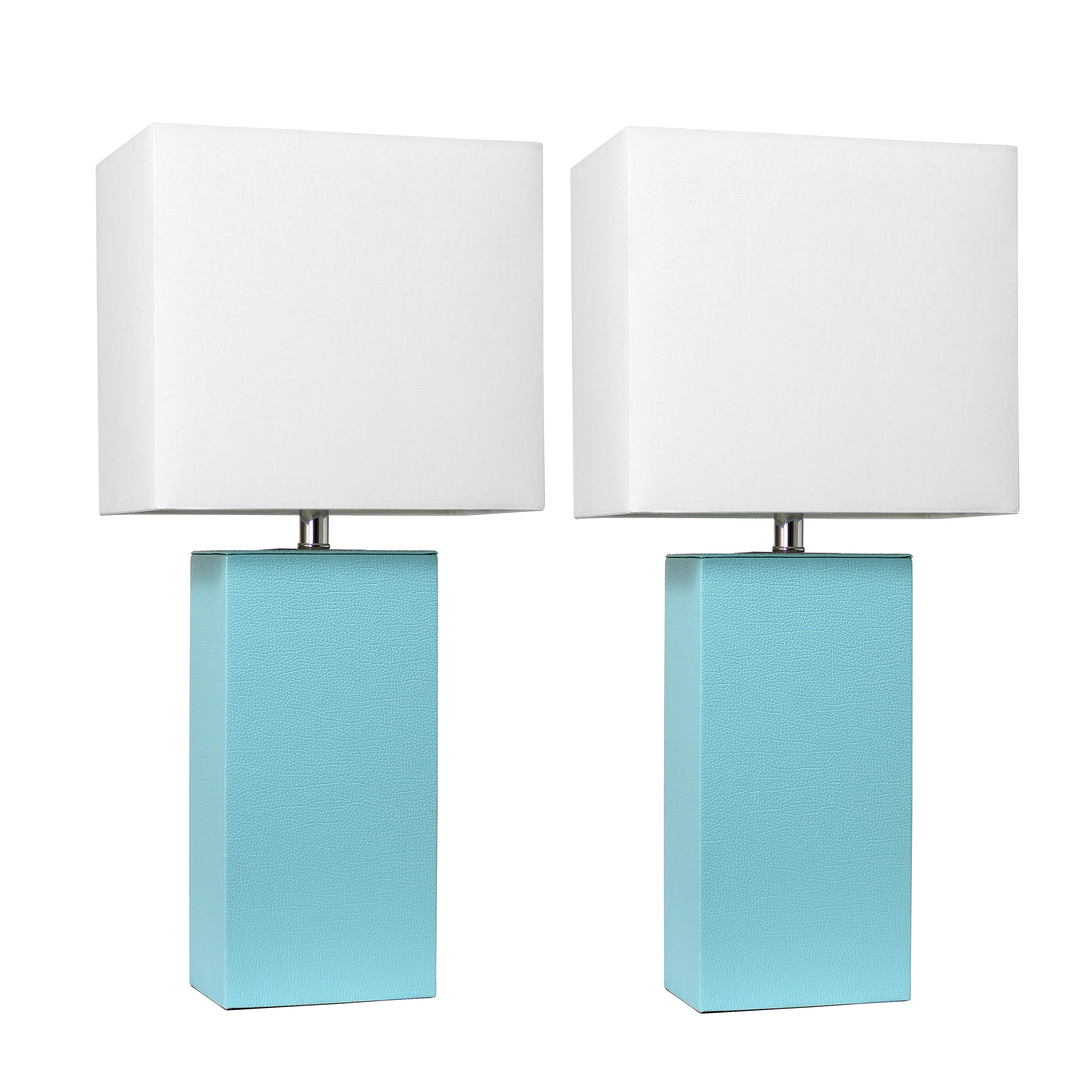 Lalia Home Lexington 21' 2-Pack Leather Base Modern Home Dcor Bedside Table Lamp Set For Living Room, Bedroom, Entryway, Foyer, Or Office With White Rectangular Fabric Shade, Aqua