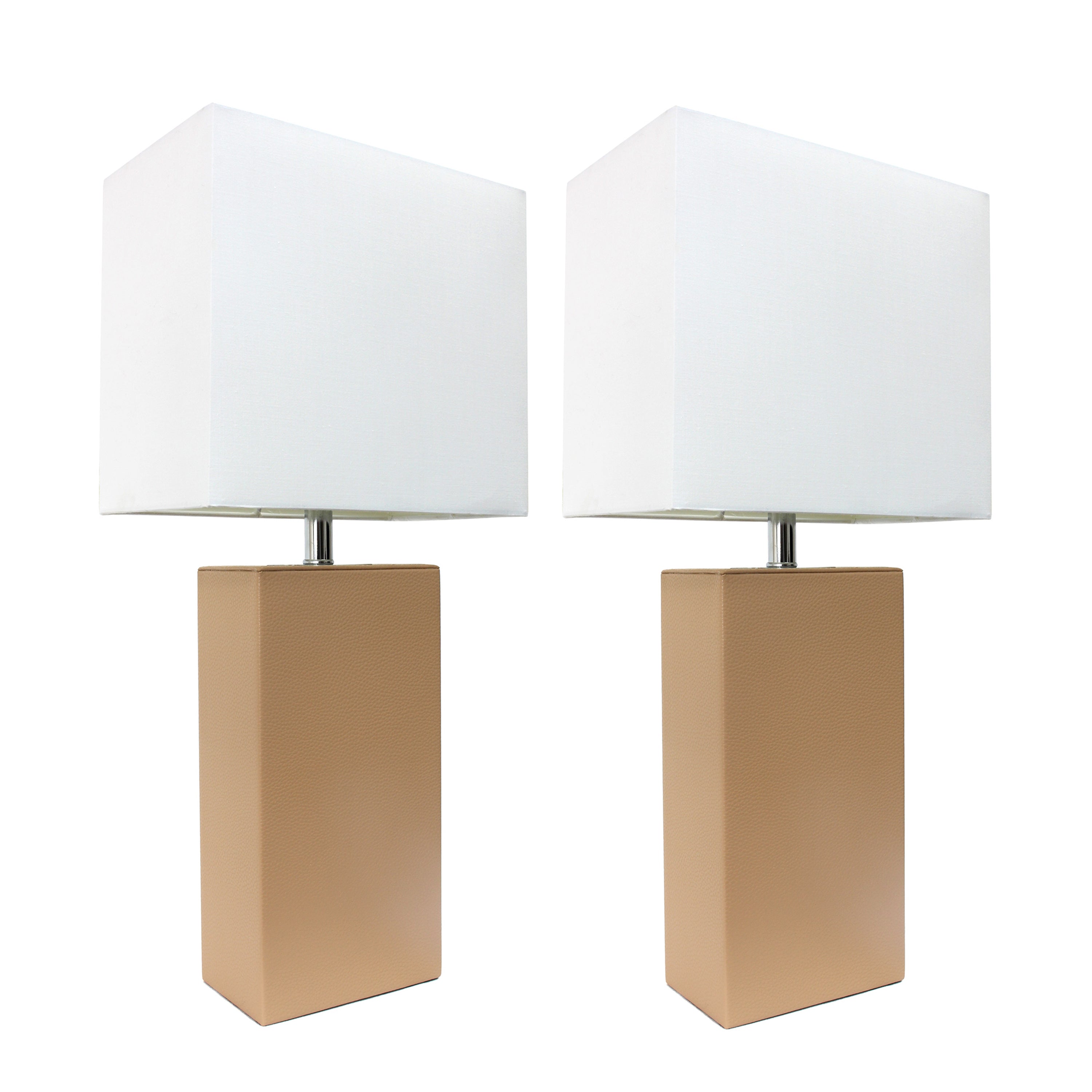 Lalia Home Lexington 21' 2-Pack Leather Base Modern Home Dcor Bedside Table Lamp Set For Living Room, Bedroom, Entryway, Foyer, Or Office With White Rectangular Fabric Shade, Beige